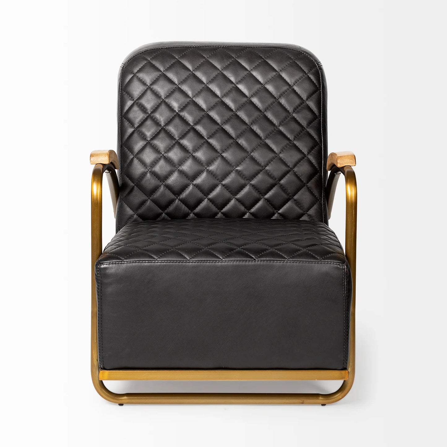 Horace Leather Accent Chair – Premium Black Leather Seating with Diamond Stitch Detailing & Antique Gold Iron Frame for a Sophisticated Look