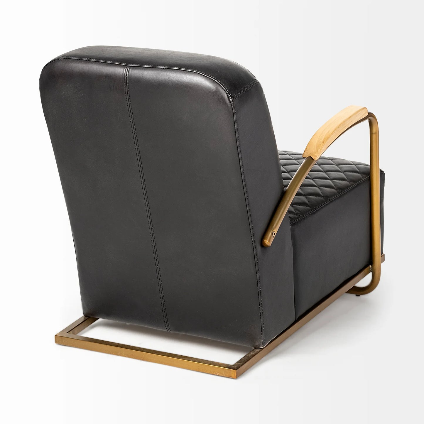 Horace Leather Accent Chair – Premium Black Leather Seating with Diamond Stitch Detailing & Antique Gold Iron Frame for a Sophisticated Look