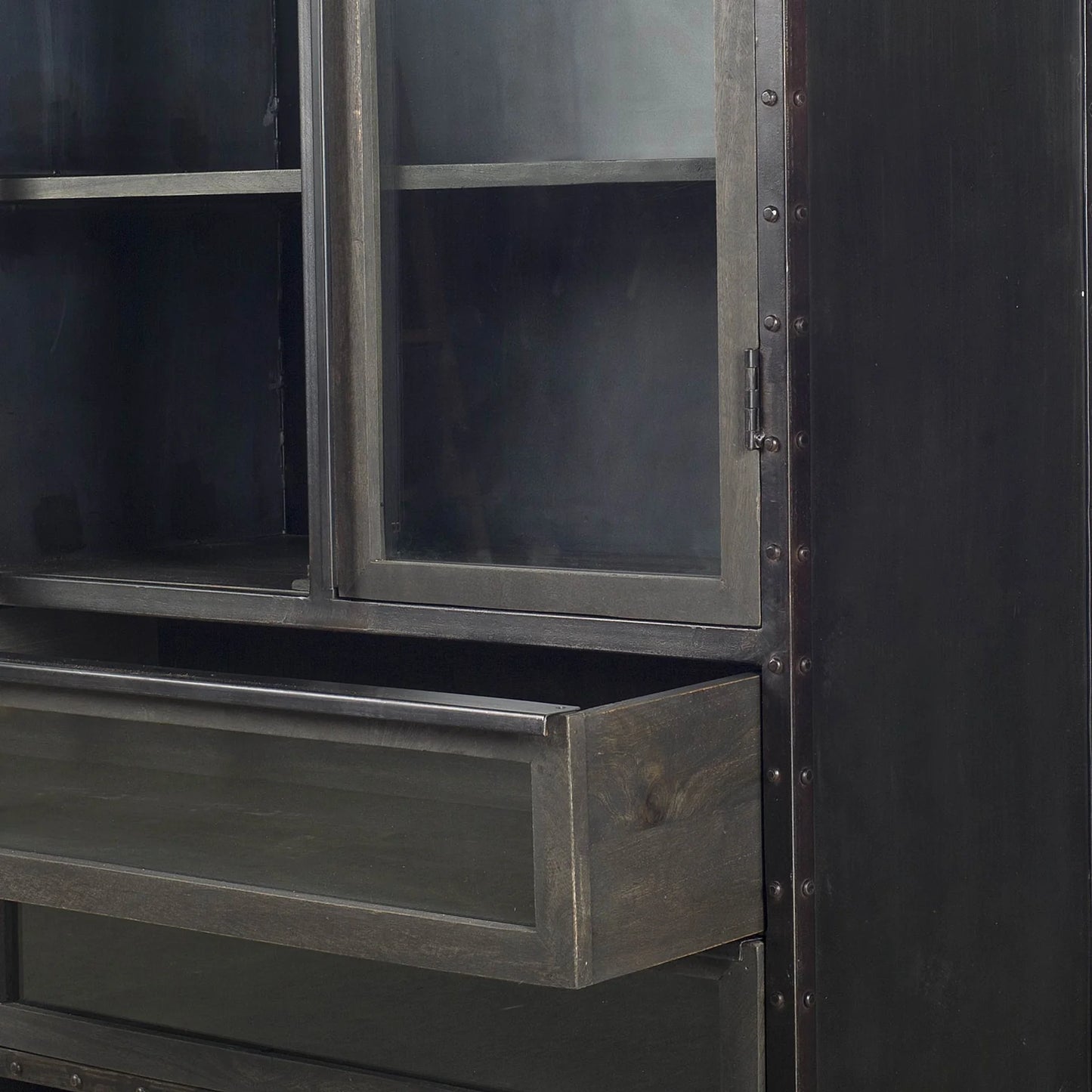 Gehry II Cabinet: Stunning Industrial Display Storage with Glass Doors & Mango Wood Accents, 72" High