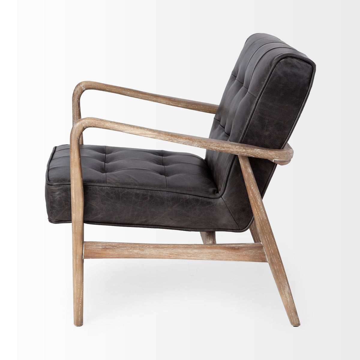 Phineas Black Leather with Brown Wooden Frame Accent Chair