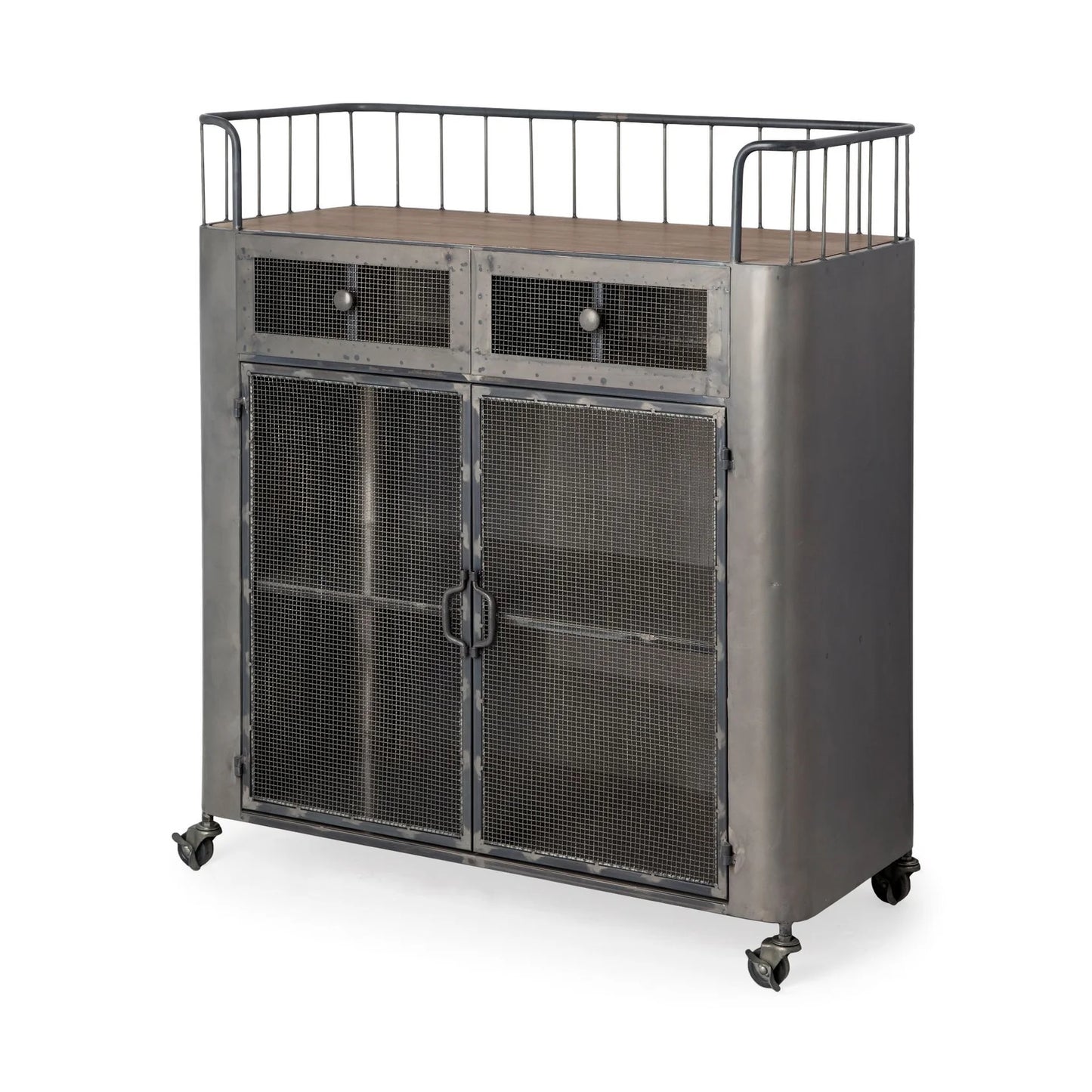 Udo Bar Cart – Industrial-Style Kitchen Storage with Metal Doors, Drawers & Locking Wheels for Versatile Functionality