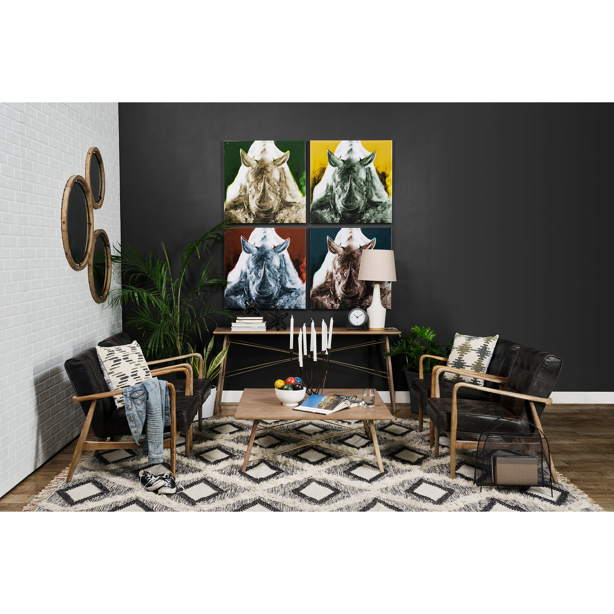 Phineas Black Leather with Brown Wooden Frame Accent Chair