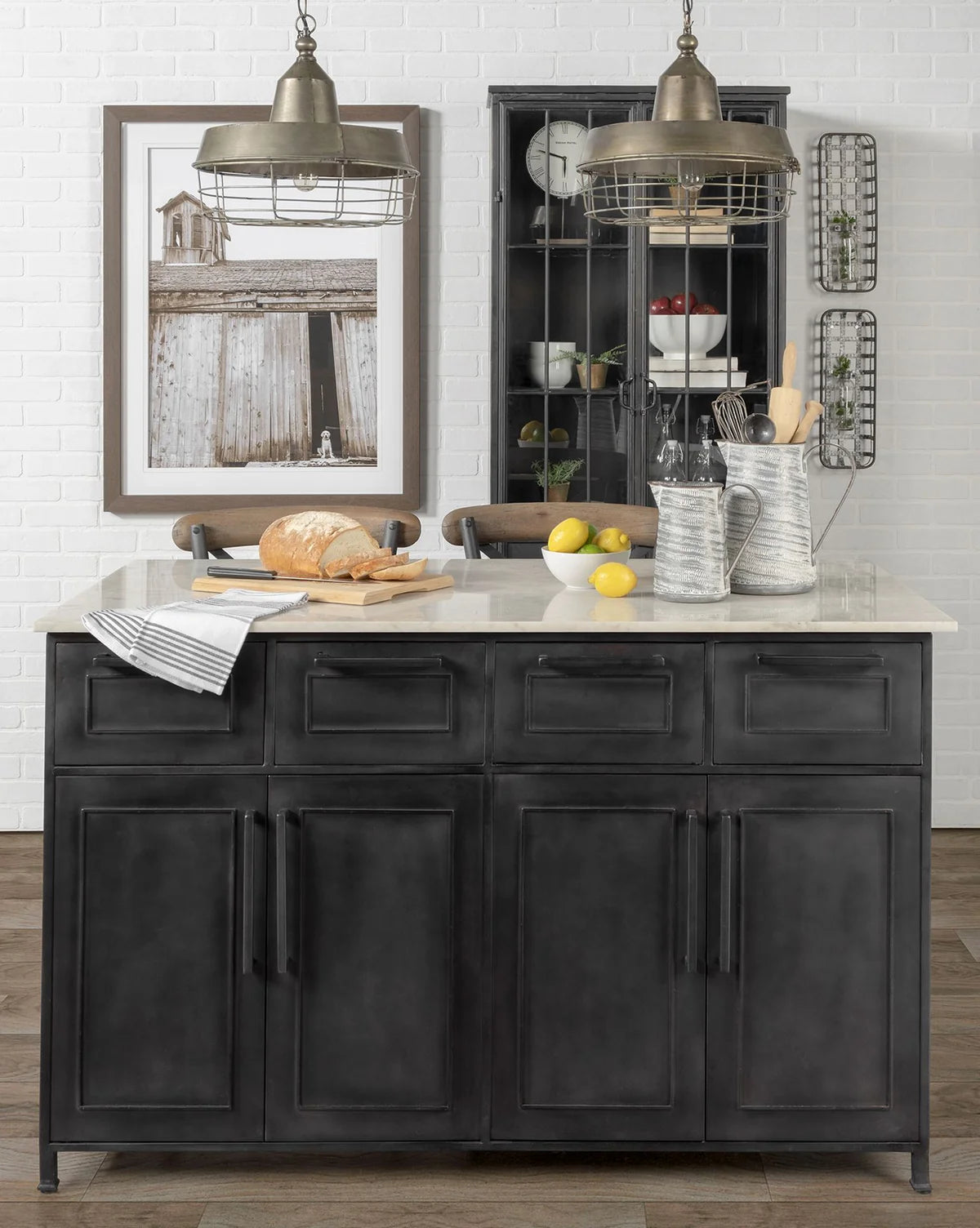 Fieri Kitchen Island with Marble Top - Stylish Black Metal Design, Ample Storage & Easy Assembly