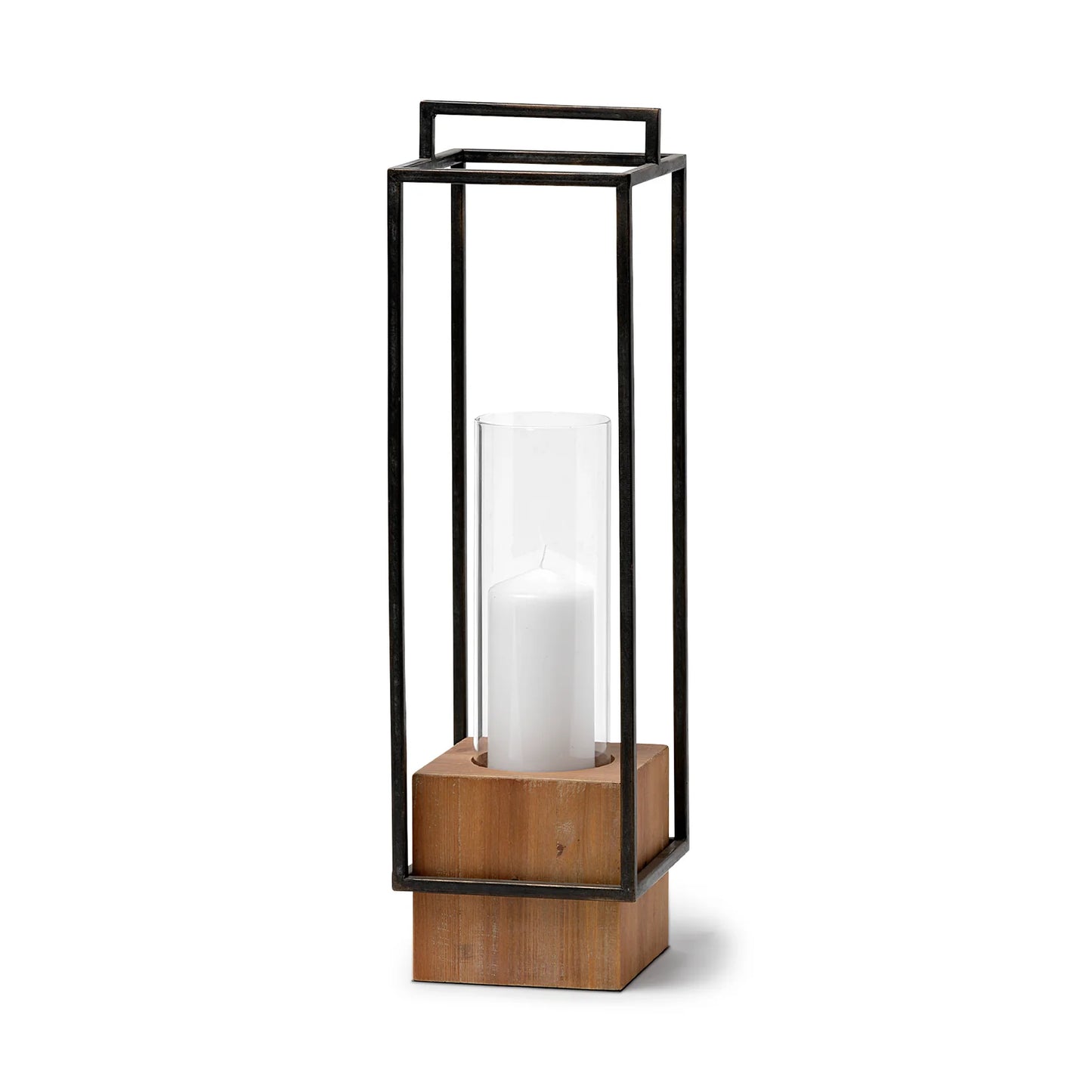 Orionis Lantern: Stylish 23.8" High Candle Holder with Natural Wood Base and Metal Frame Design for Elegant Home Lighting