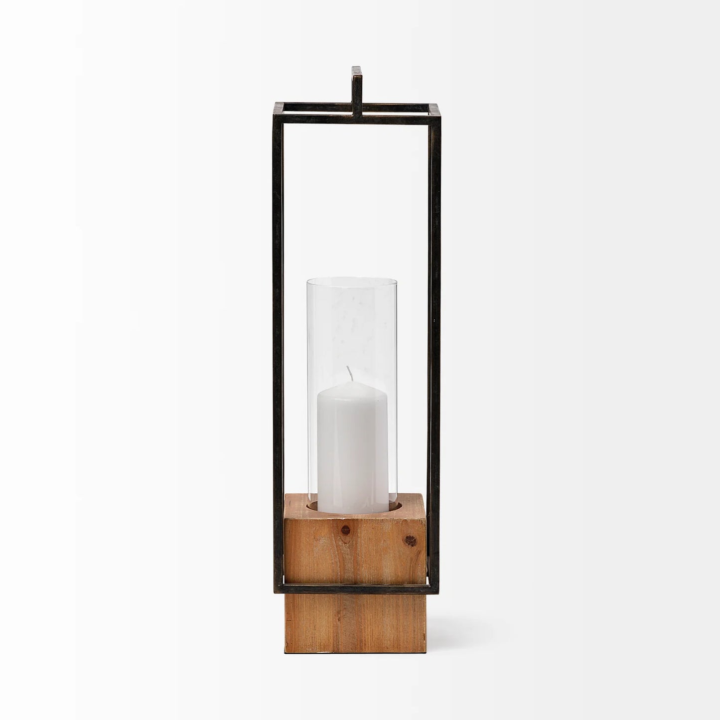 Orionis Lantern: Stylish 23.8" High Candle Holder with Natural Wood Base and Metal Frame Design for Elegant Home Lighting