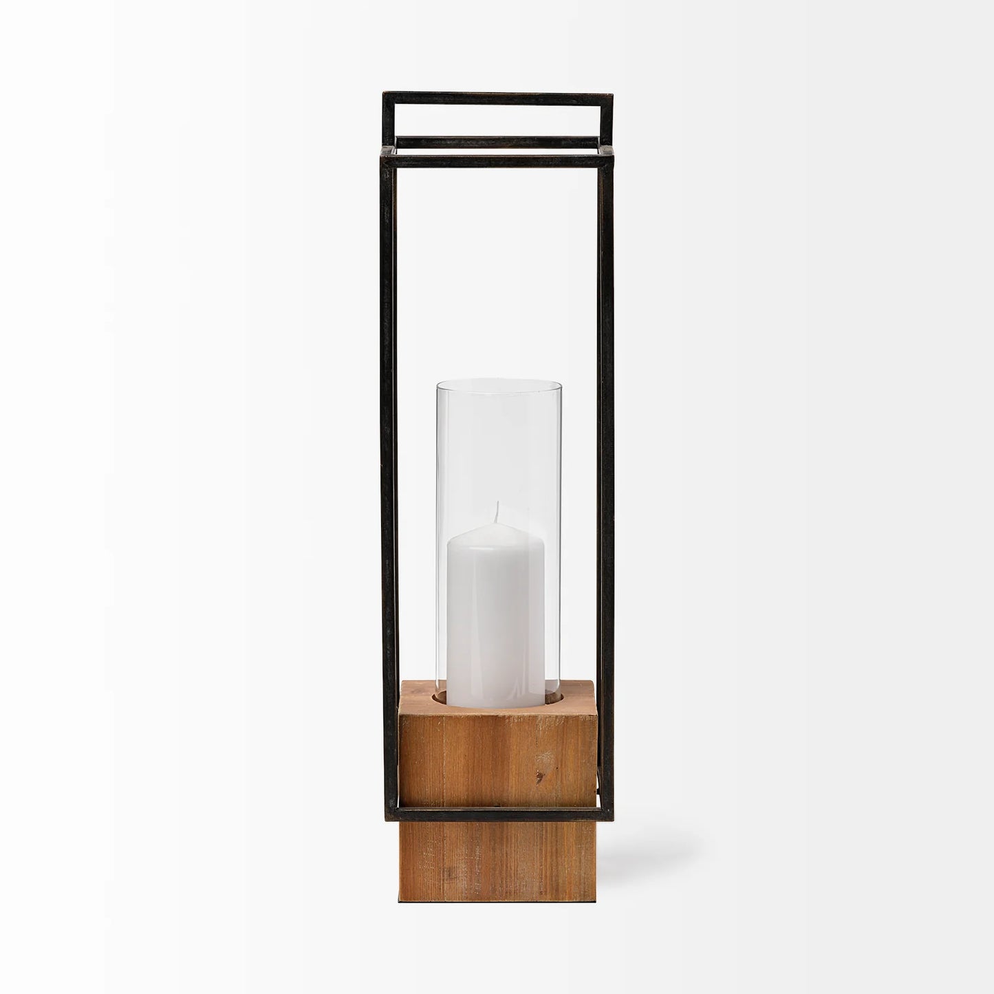 Orionis Lantern: Stylish 23.8" High Candle Holder with Natural Wood Base and Metal Frame Design for Elegant Home Lighting