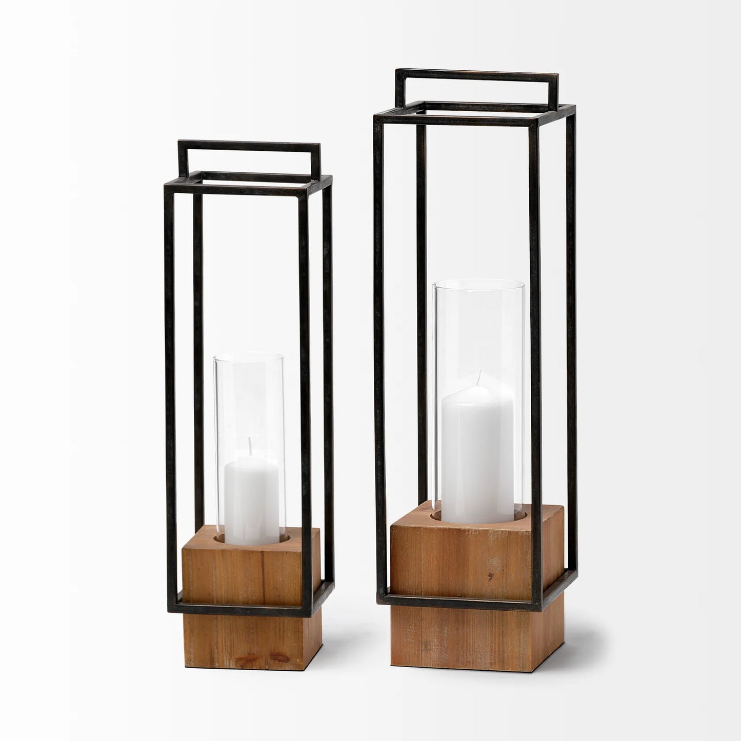 Orionis Lantern: Stylish 23.8" High Candle Holder with Natural Wood Base and Metal Frame Design for Elegant Home Lighting