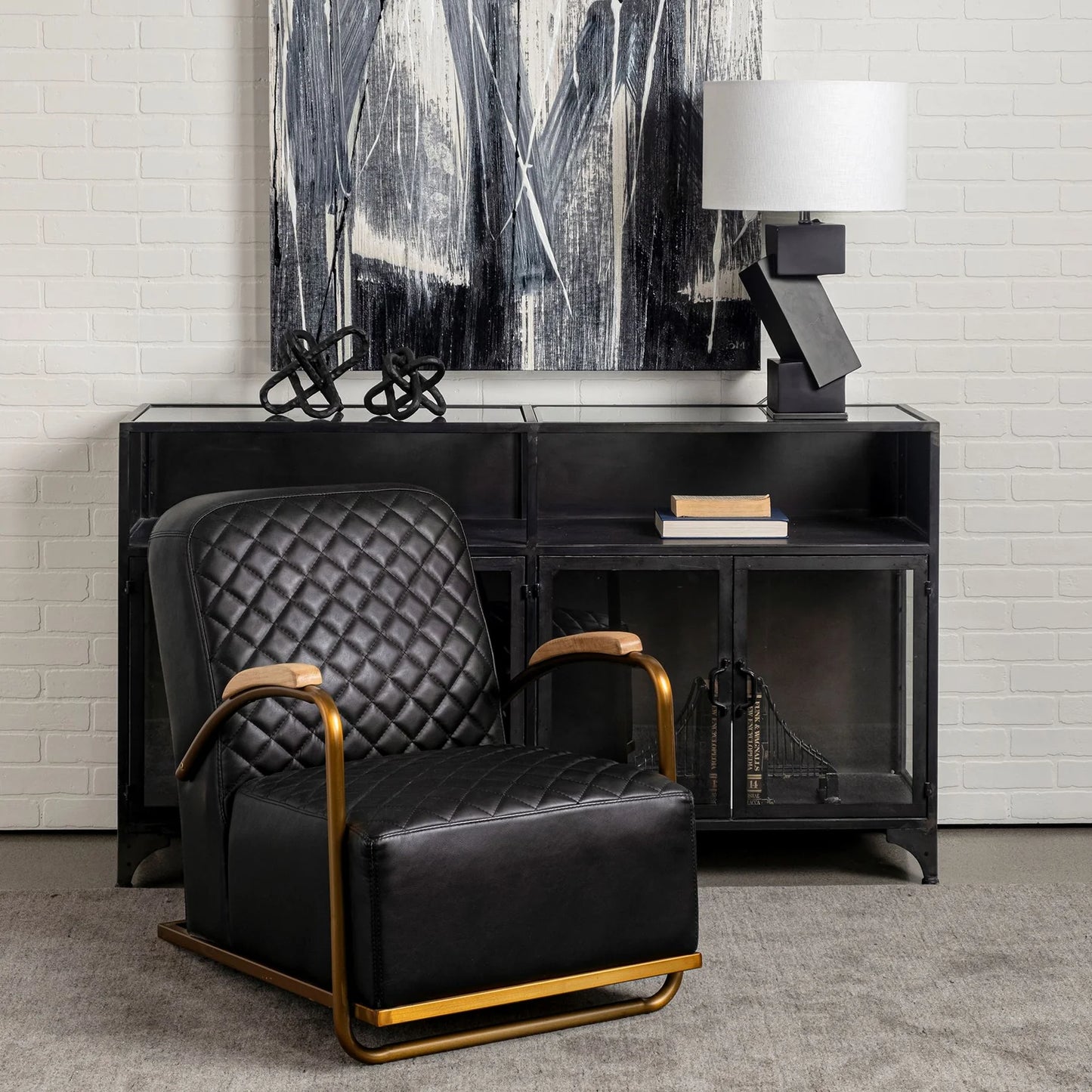 Horace Leather Accent Chair – Premium Black Leather Seating with Diamond Stitch Detailing & Antique Gold Iron Frame for a Sophisticated Look