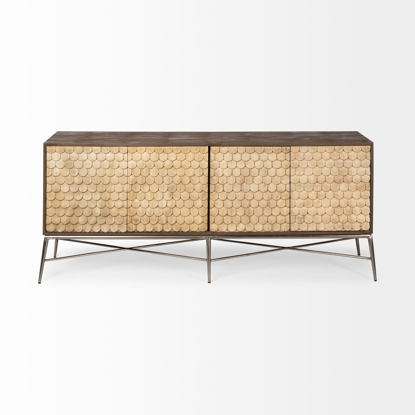 Swordfish Two-Tone Brown Wood Cabinet with Silver Metal Base and 4 Cabinet Doors for a Modern Sideboard Storage Solution