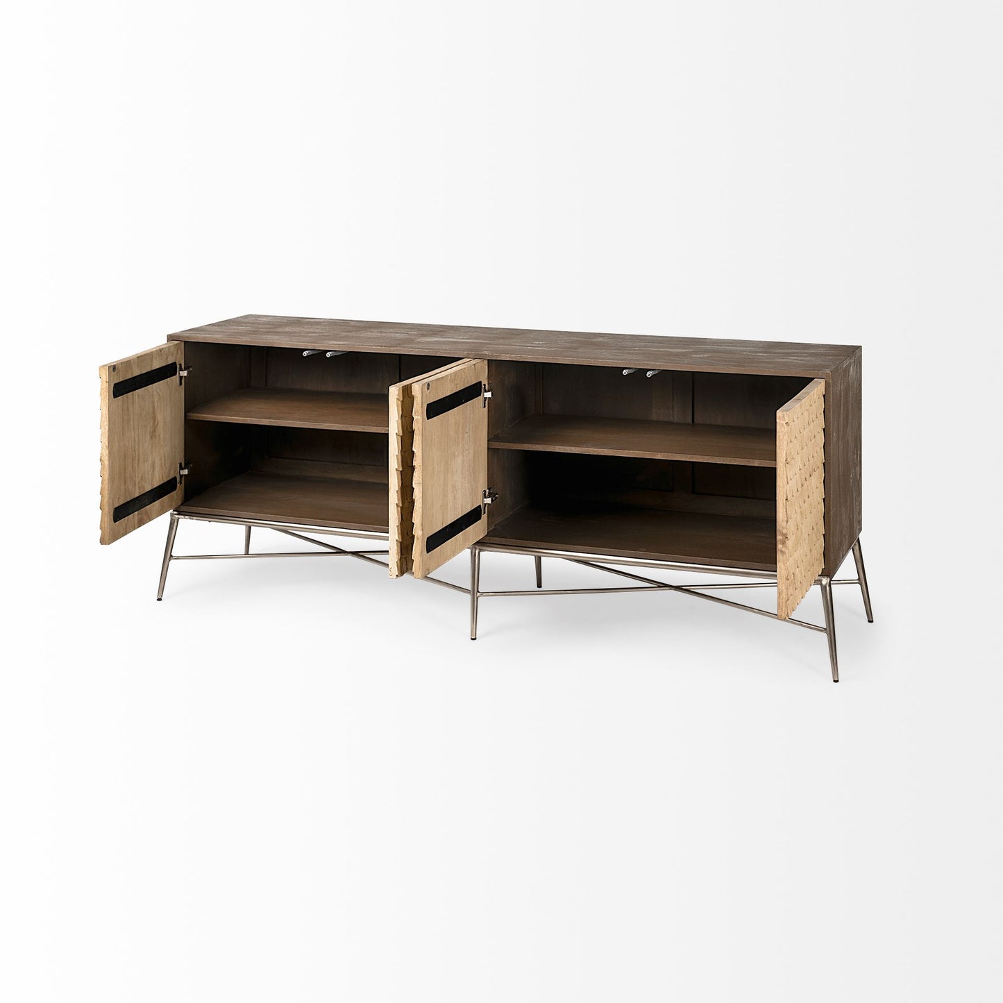 Swordfish Two-Tone Brown Wood Cabinet with Silver Metal Base and 4 Cabinet Doors for a Modern Sideboard Storage Solution