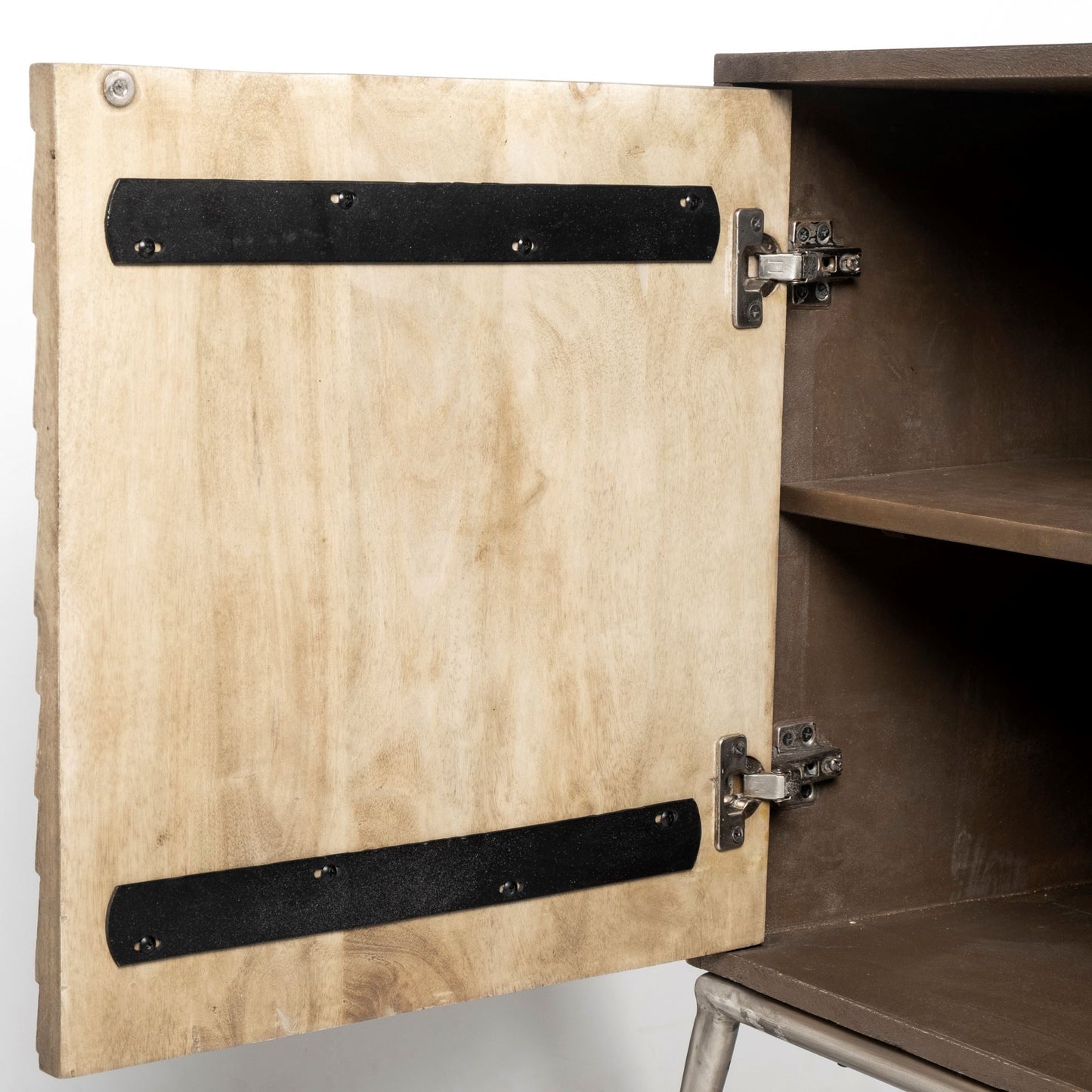 Swordfish Two-Tone Brown Wood Cabinet with Silver Metal Base and 4 Cabinet Doors for a Modern Sideboard Storage Solution