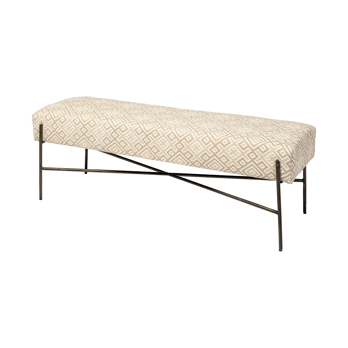 Avery Off-White Upholstered Accent Bench – Modern Metal Base Design