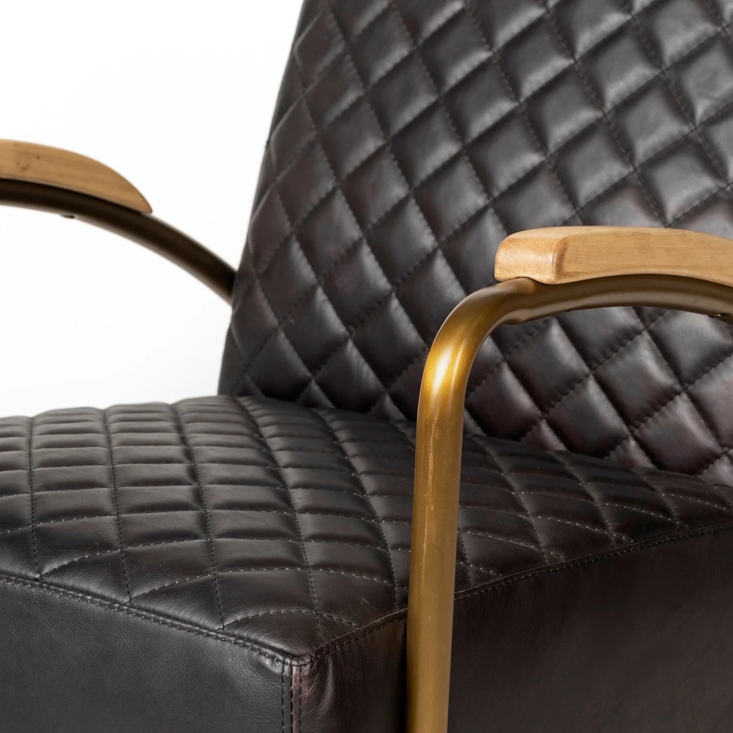 Horace Leather Accent Chair – Premium Black Leather Seating with Diamond Stitch Detailing & Antique Gold Iron Frame for a Sophisticated Look