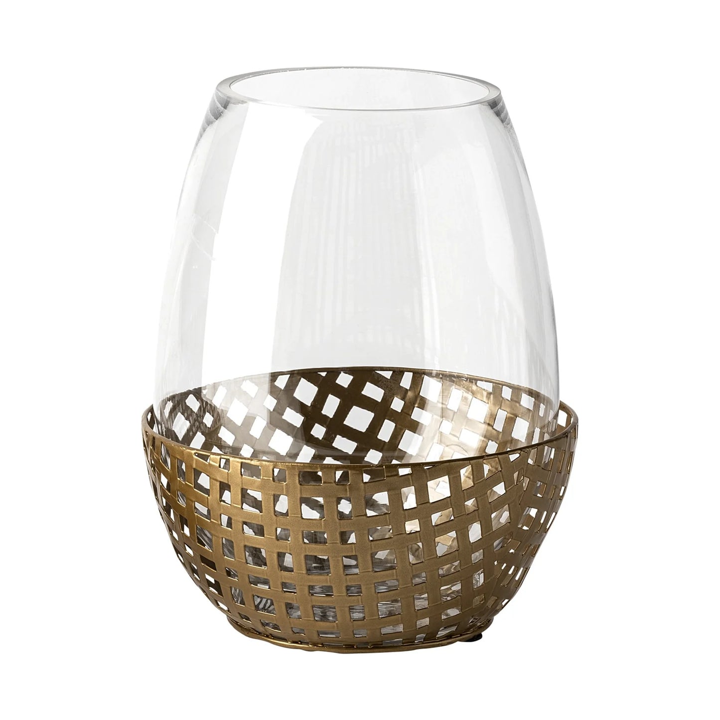Reena Large Gold Woven Metal Base Candle Holder with Curved Hurricane Glass for Elegant Decor