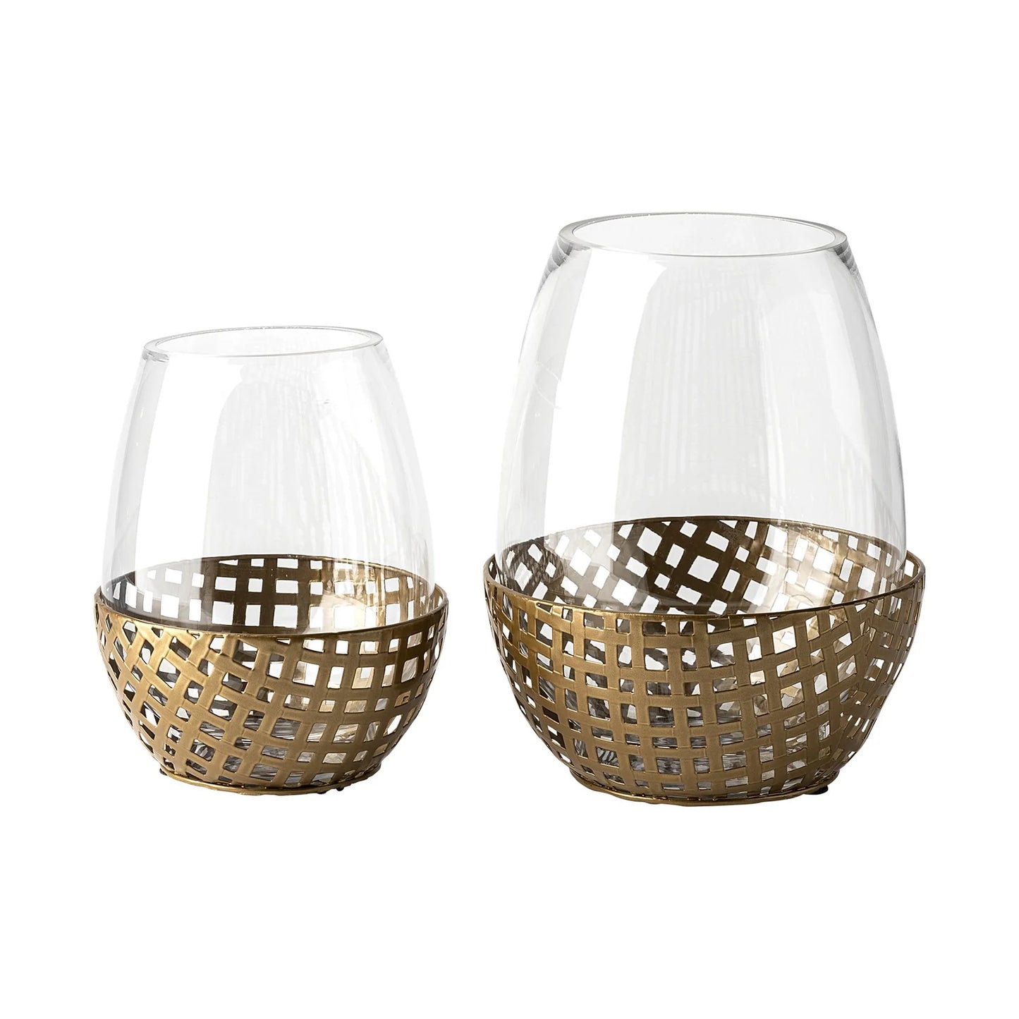 Reena Large Gold Woven Metal Base Candle Holder with Curved Hurricane Glass for Elegant Decor