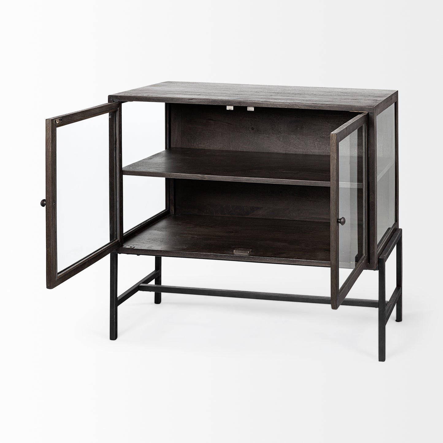 Arelius Medium Brown Wood Accent Cabinet – Glass Doors & Black Metal Base