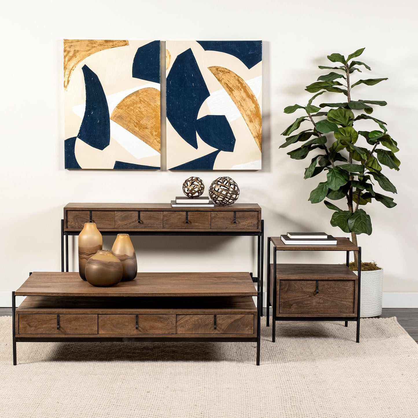 Glenn Dark Brown Wood & Black Iron Frame Square End Table