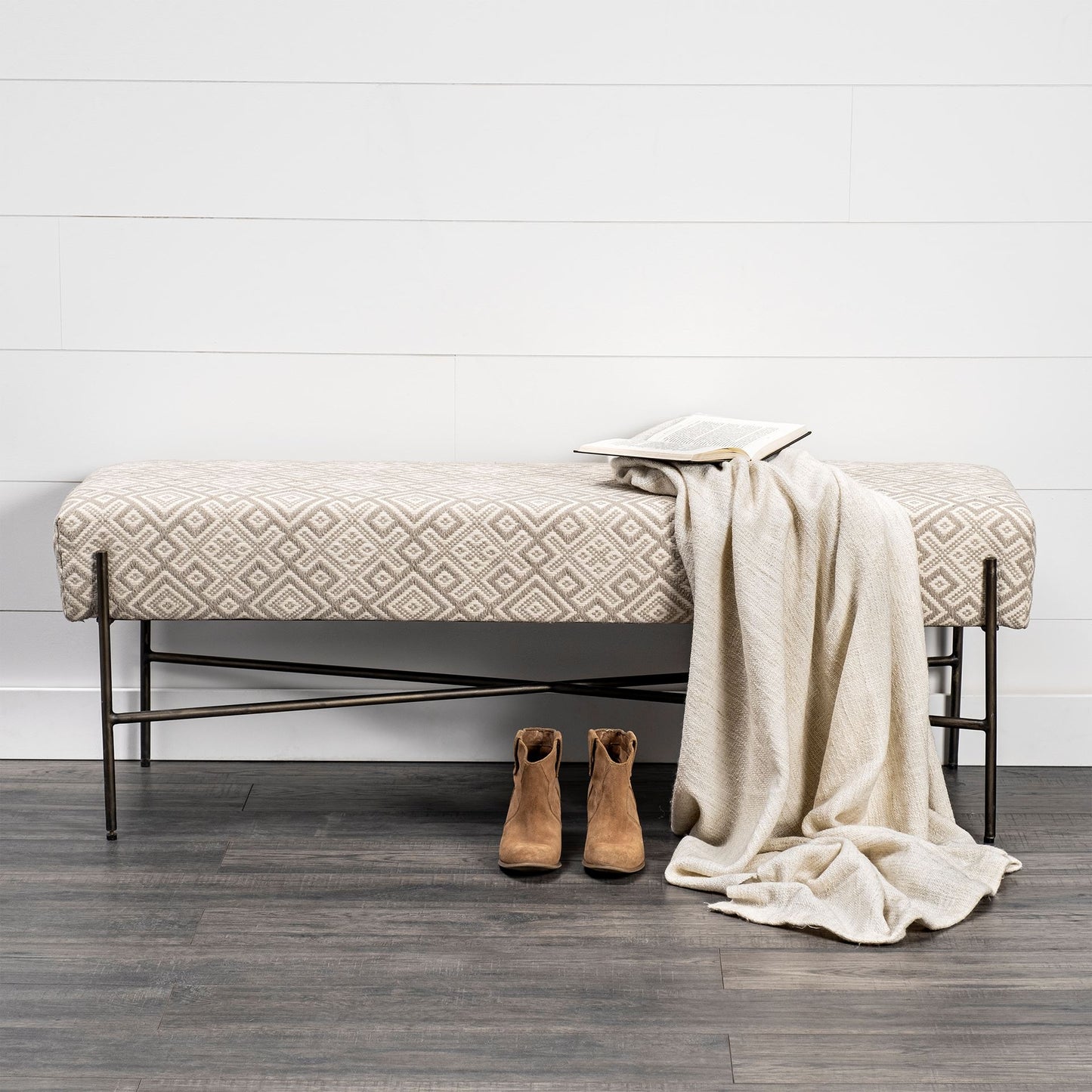 Avery Off-White Upholstered Accent Bench – Modern Metal Base Design