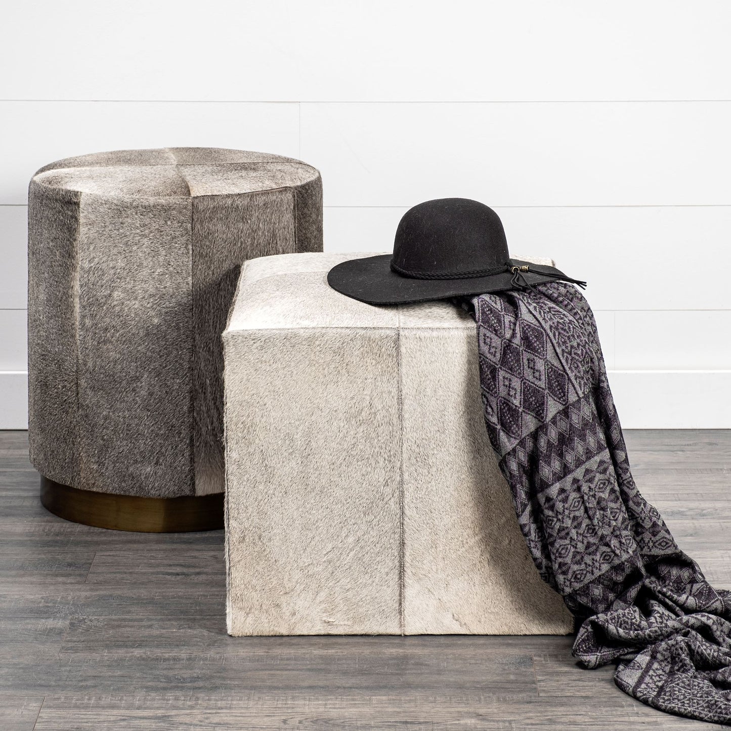 Zahavi Ottoman - Unique Hair-On-Leather Cube for Elegant Farmhouse Decor, No Assembly Required! - Grey Hair-On-Hide