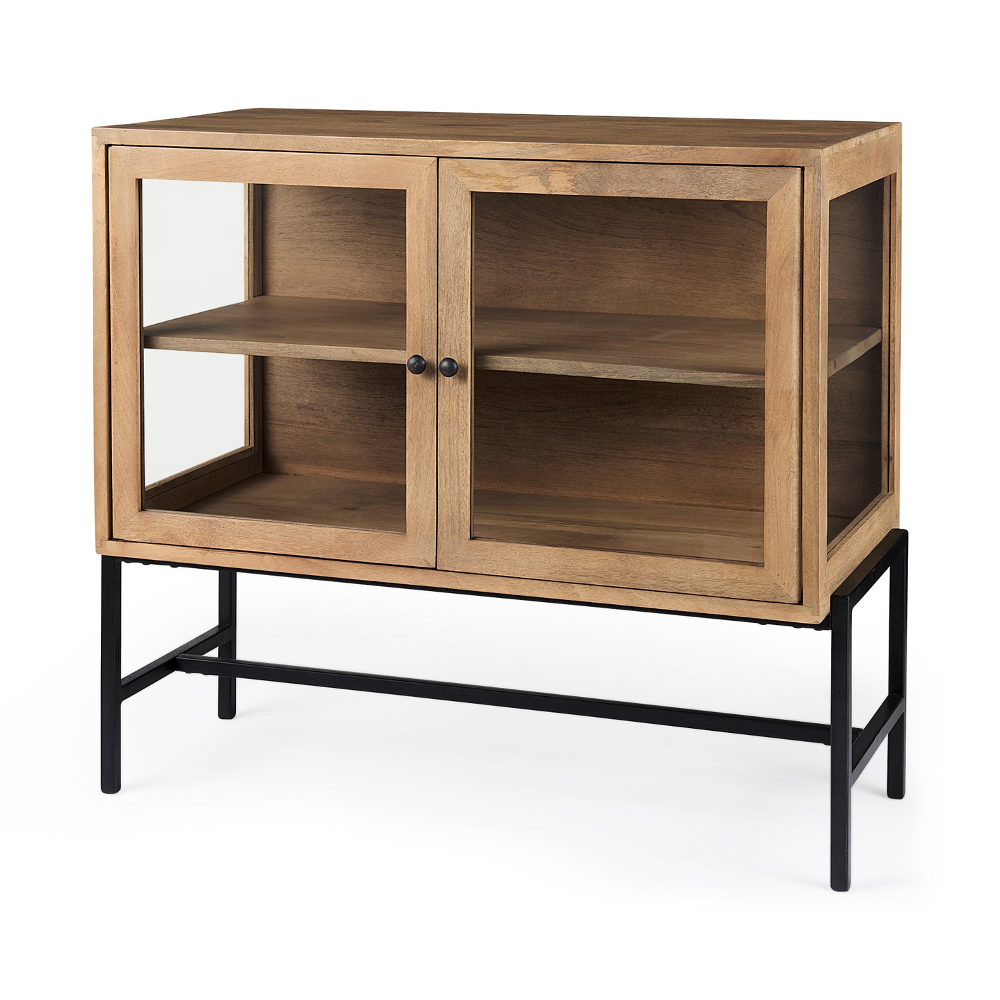 Arelius Medium Brown Wood Accent Cabinet – Glass Doors & Black Metal Base
