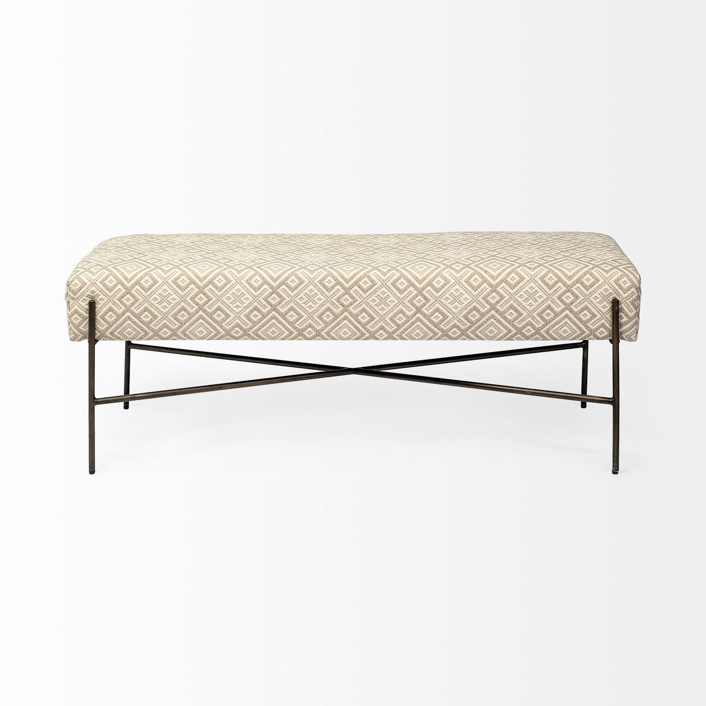 Avery Off-White Upholstered Accent Bench – Modern Metal Base Design