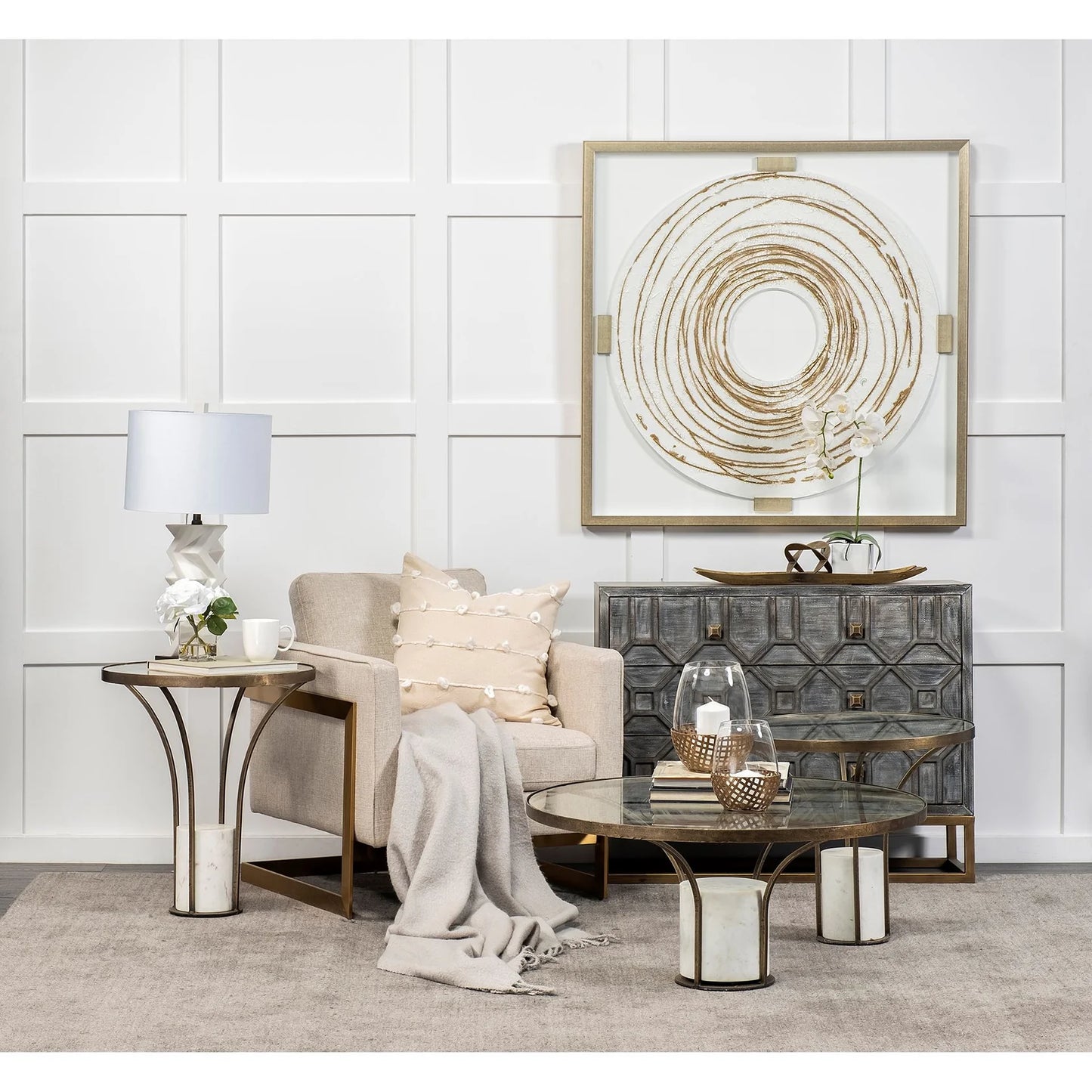 Reena Large Gold Woven Metal Base Candle Holder with Curved Hurricane Glass for Elegant Decor