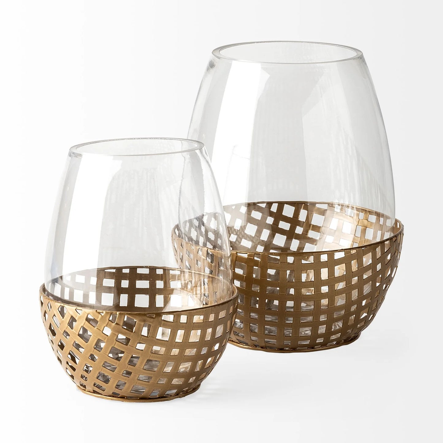 Reena Large Gold Woven Metal Base Candle Holder with Curved Hurricane Glass for Elegant Decor