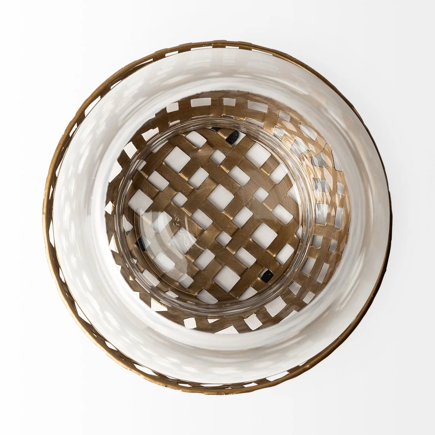 Reena Large Gold Woven Metal Base Candle Holder with Curved Hurricane Glass for Elegant Decor