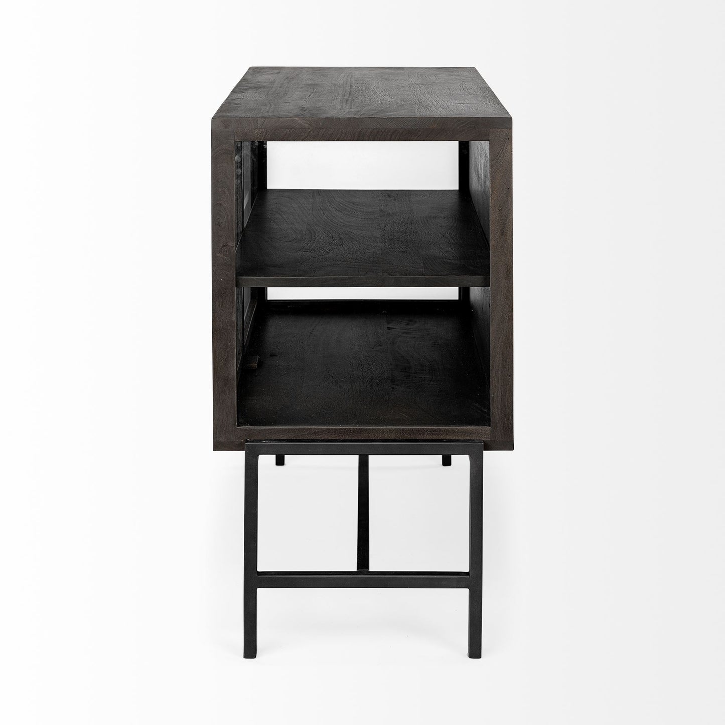 Arelius Medium Brown Wood Accent Cabinet – Glass Doors & Black Metal Base