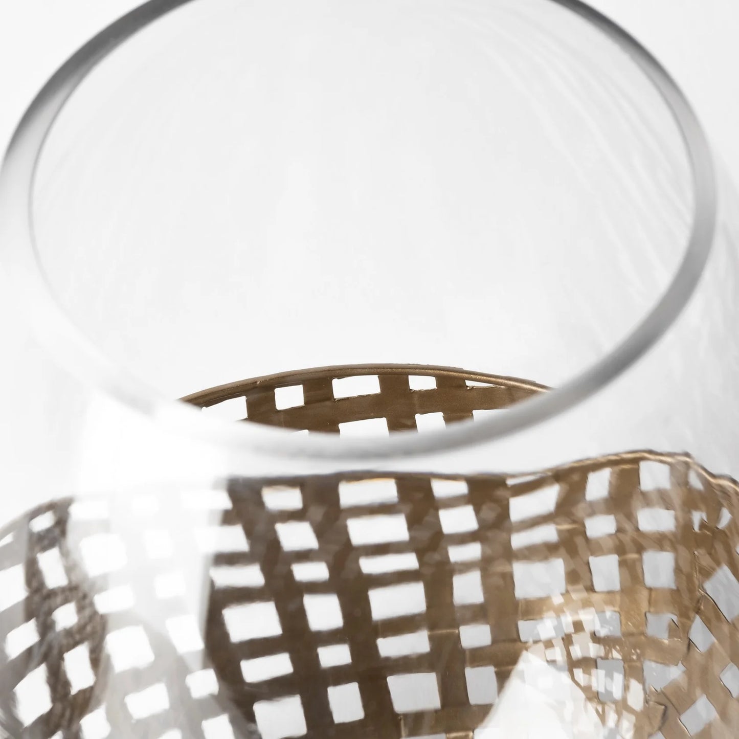 Reena Large Gold Woven Metal Base Candle Holder with Curved Hurricane Glass for Elegant Decor