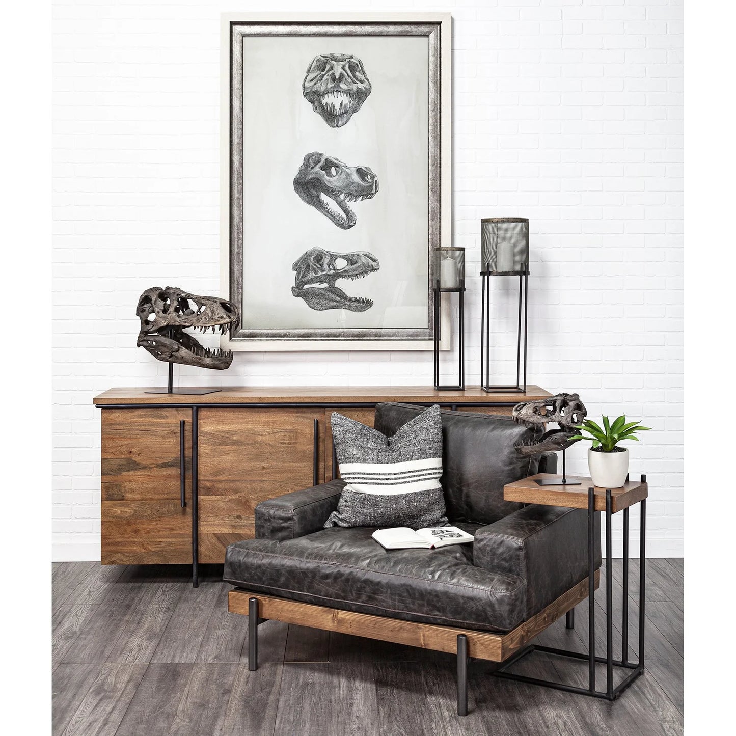 Jurassic T-Rex Skull Decor: Fossilized Finish on Metal Stand for Trendy Home Accent Display - Brown Resin | 20" High
