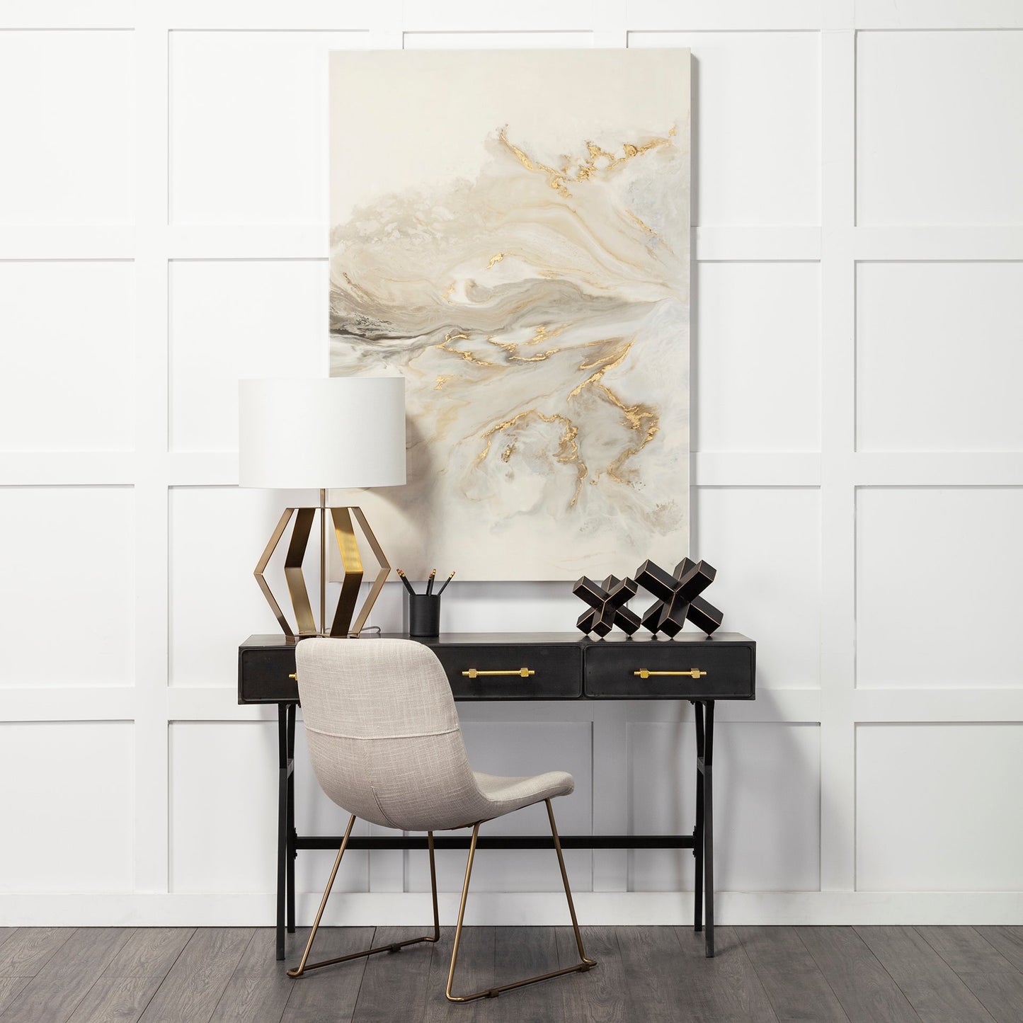 Vince Black Metal Desk with Gold Accents - 3 Drawer Office Furniture for a Stylish Workspace