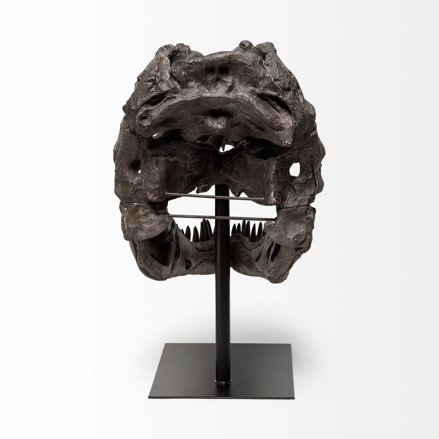 Jurassic T-Rex Skull Decor: Fossilized Finish on Metal Stand for Trendy Home Accent Display - Brown Resin | 20" High