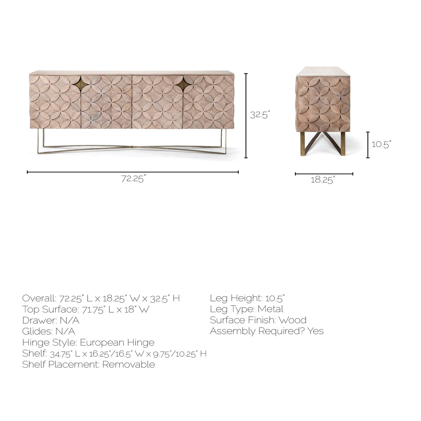 Excelsior Solid Wood Sideboard with Gold Metal Base and 4 Cabinet Doors for Elegant and Functional Storage