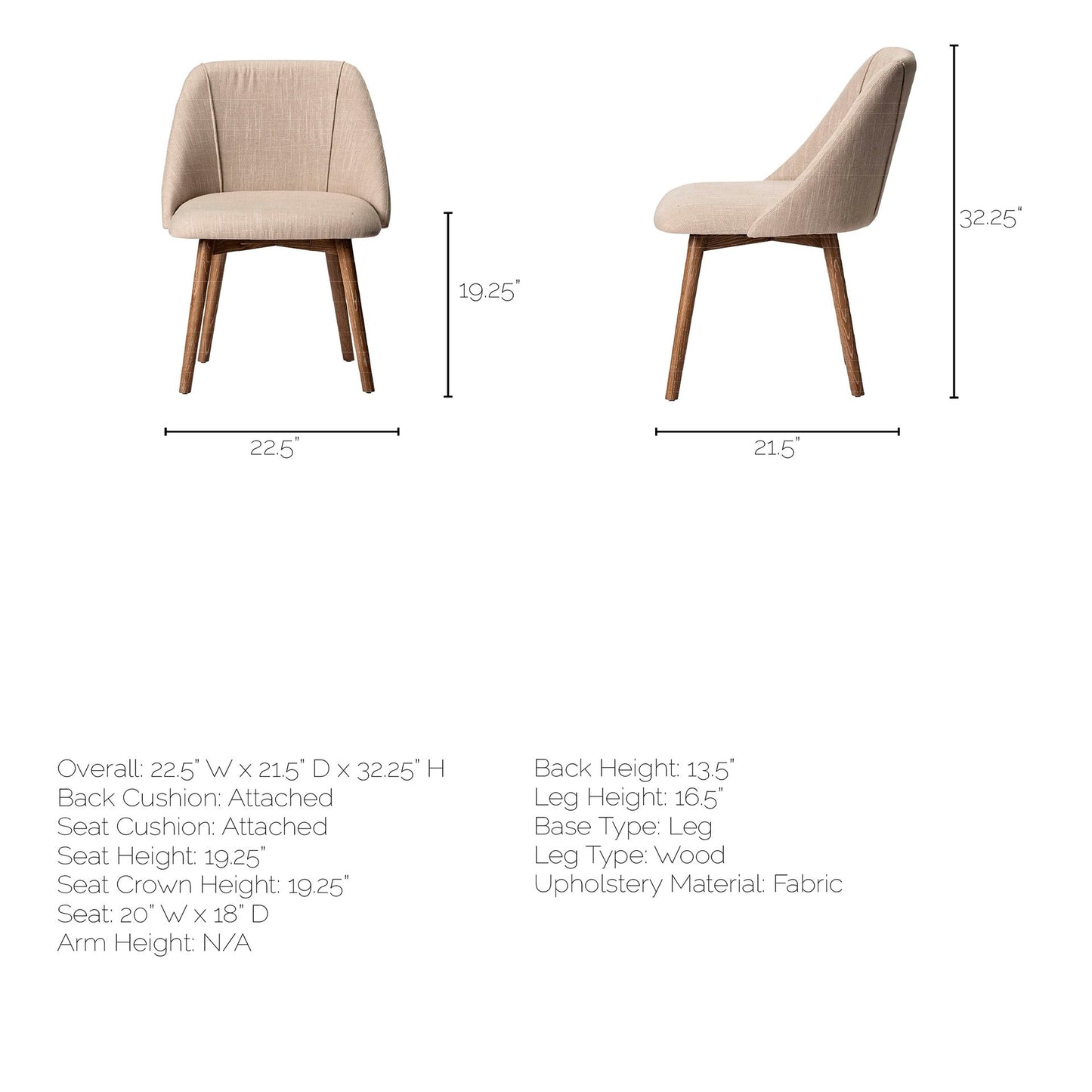 Ronald I Cream Fabric Wrap Dining Chair with Brown Wooden Base - Set of 2