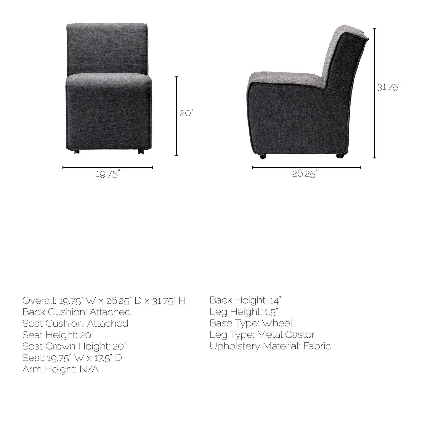 Damon Fully Upholstered Grey Fabric Dining Chair on Casters - Set of 2, Stylish and Versatile Seating