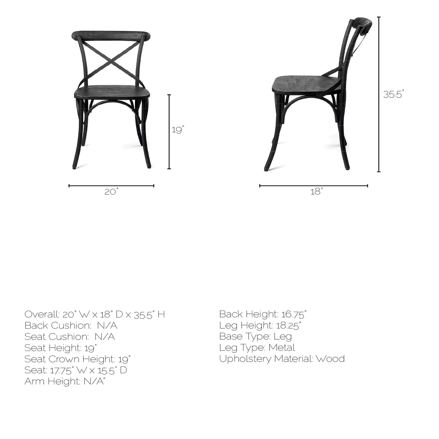 Etienne I Black Solid Wood Seat with Black Iron Frame Dining Chair - Set of 2, Modern and Durable Seating