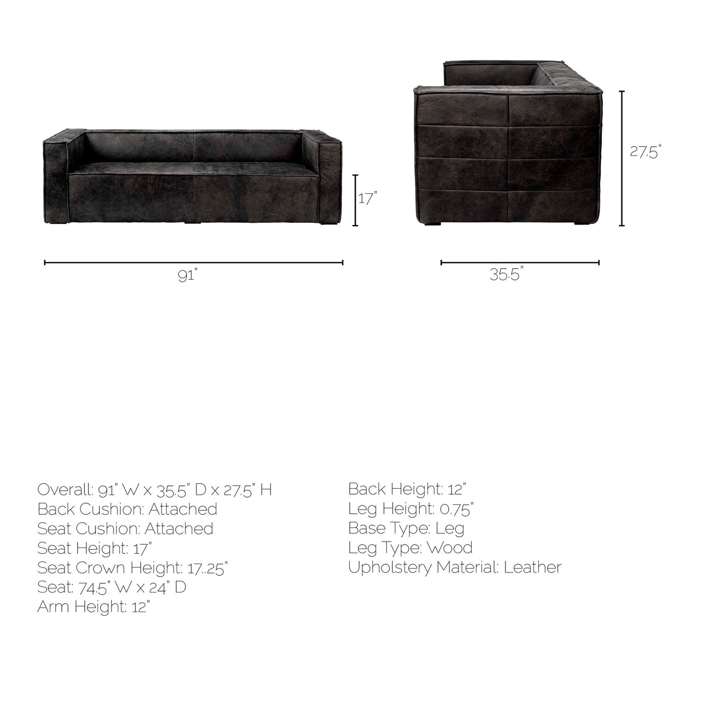 Stinson II 91" Black Leather Three-Seater Sofa - Modern and Comfortable Living Room Seating