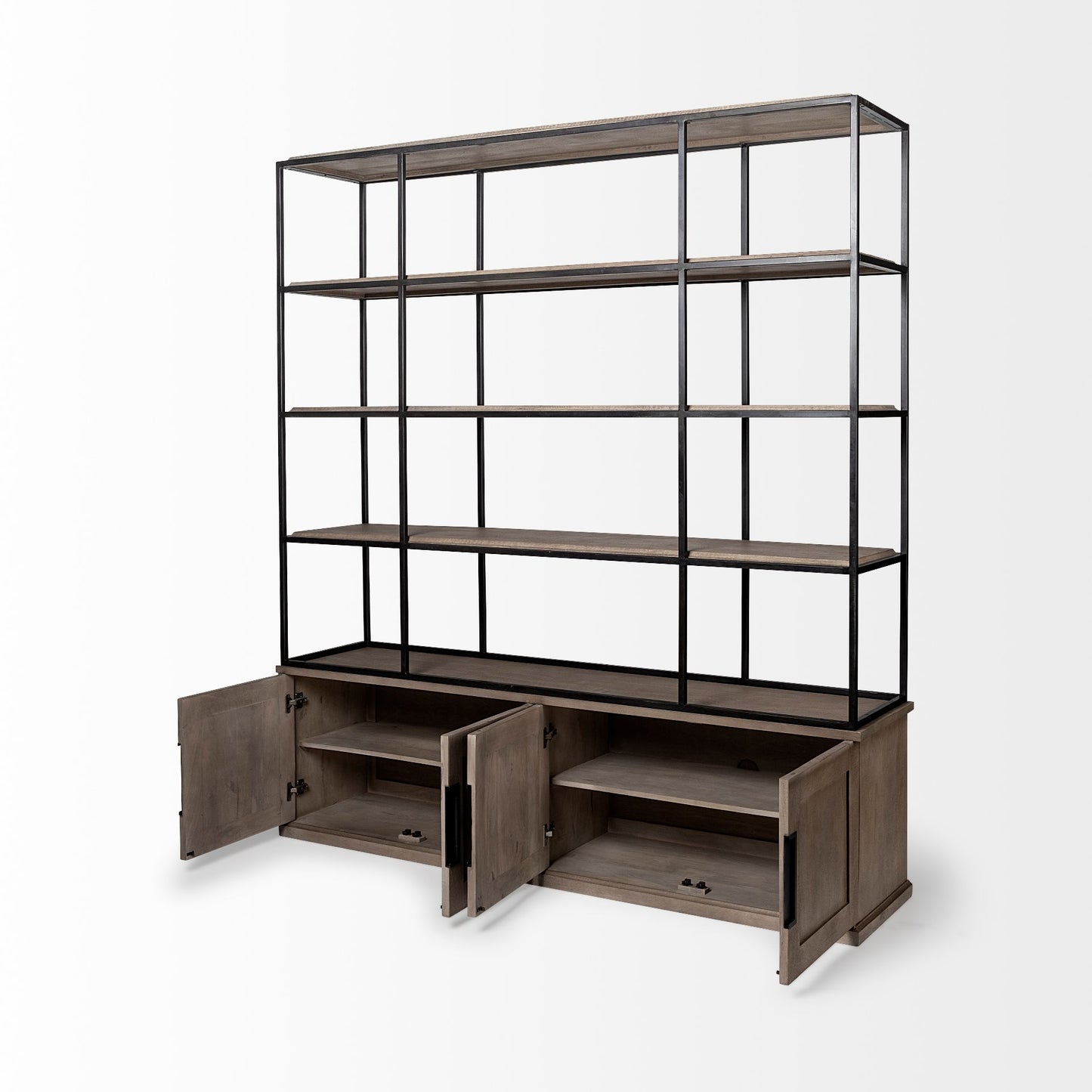 Braxton II Light Brown Wood & Iron 3-Shelf Shelving Unit – Industrial Style