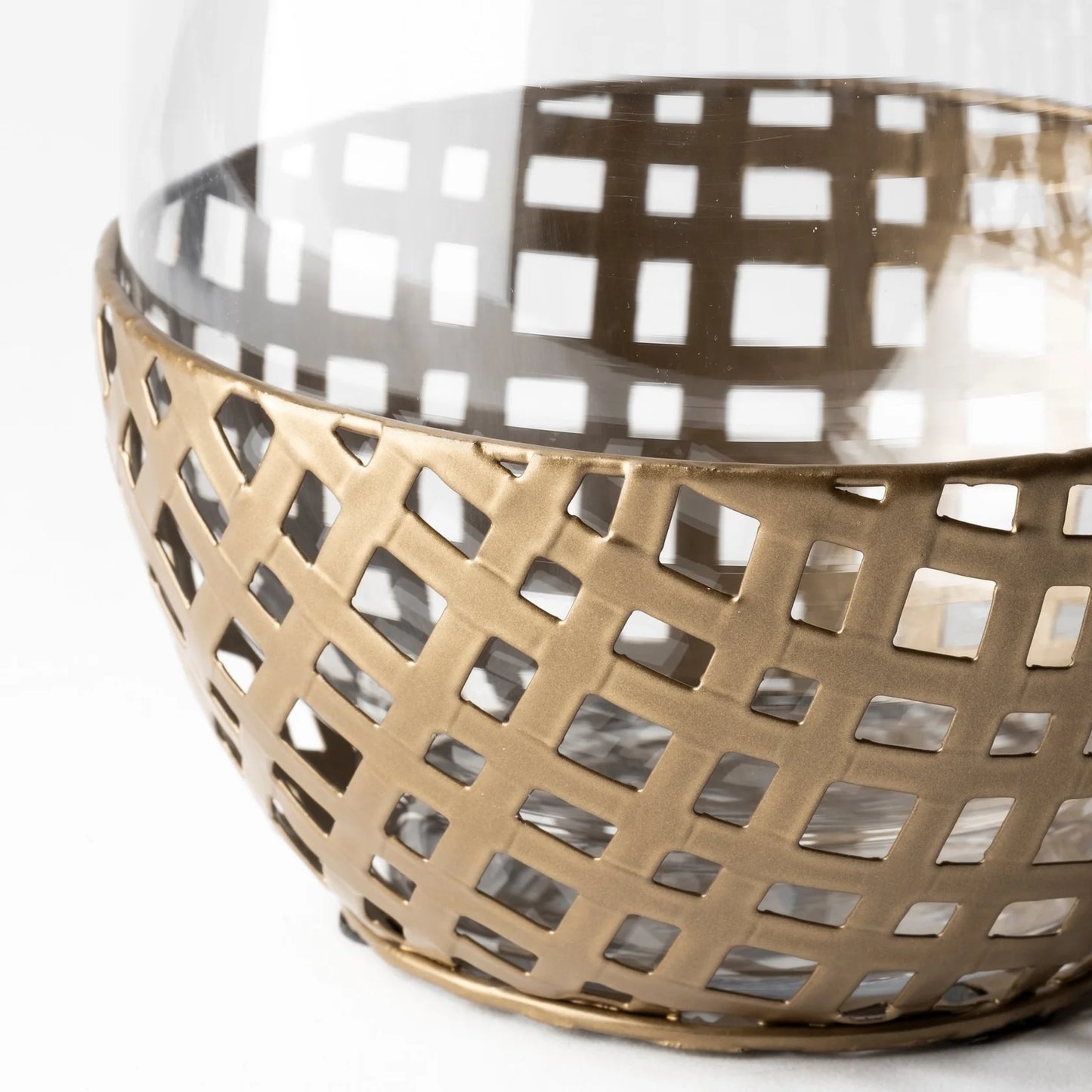 Reena Large Gold Woven Metal Base Candle Holder with Curved Hurricane Glass for Elegant Decor