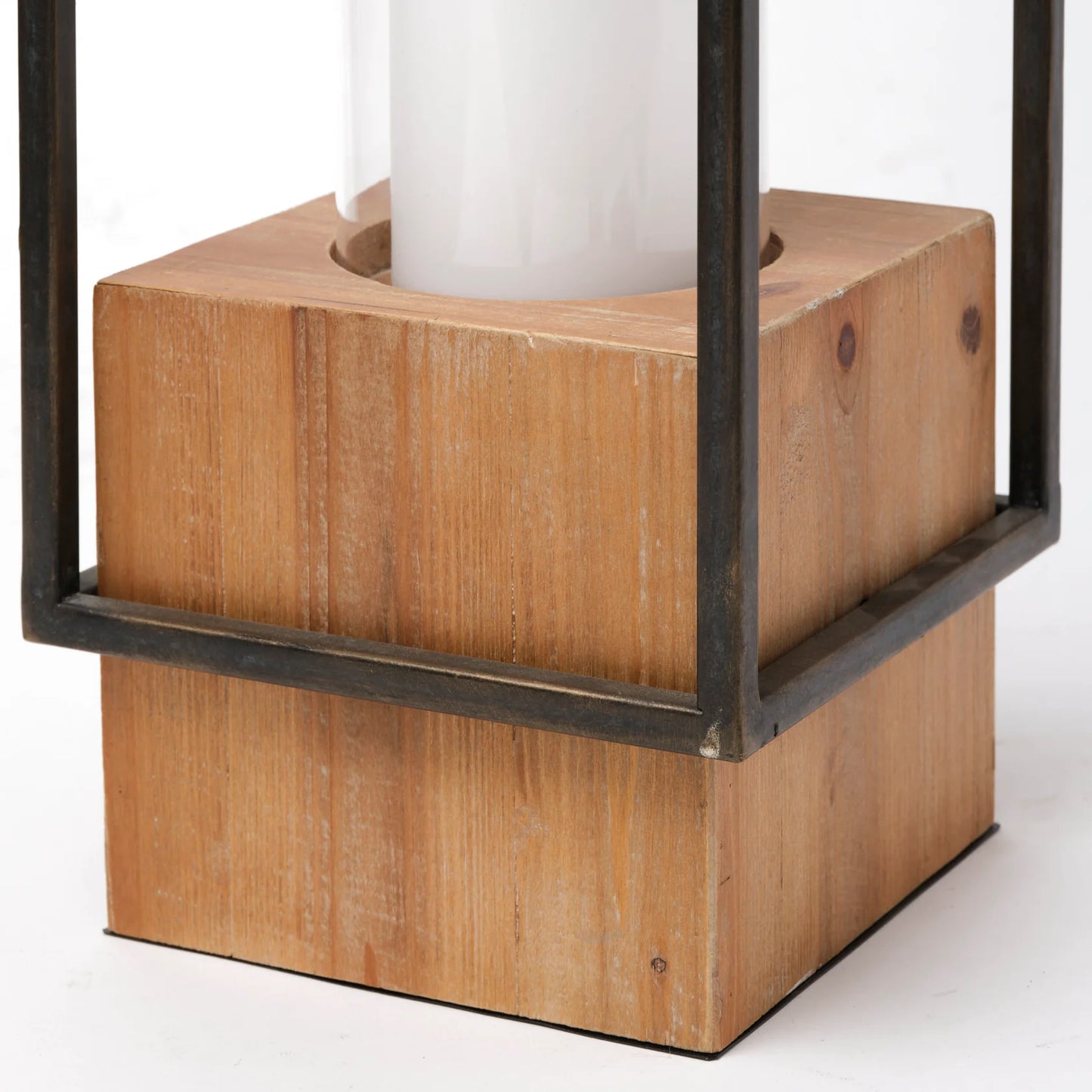 Orionis Lantern: Stylish 23.8" High Candle Holder with Natural Wood Base and Metal Frame Design for Elegant Home Lighting