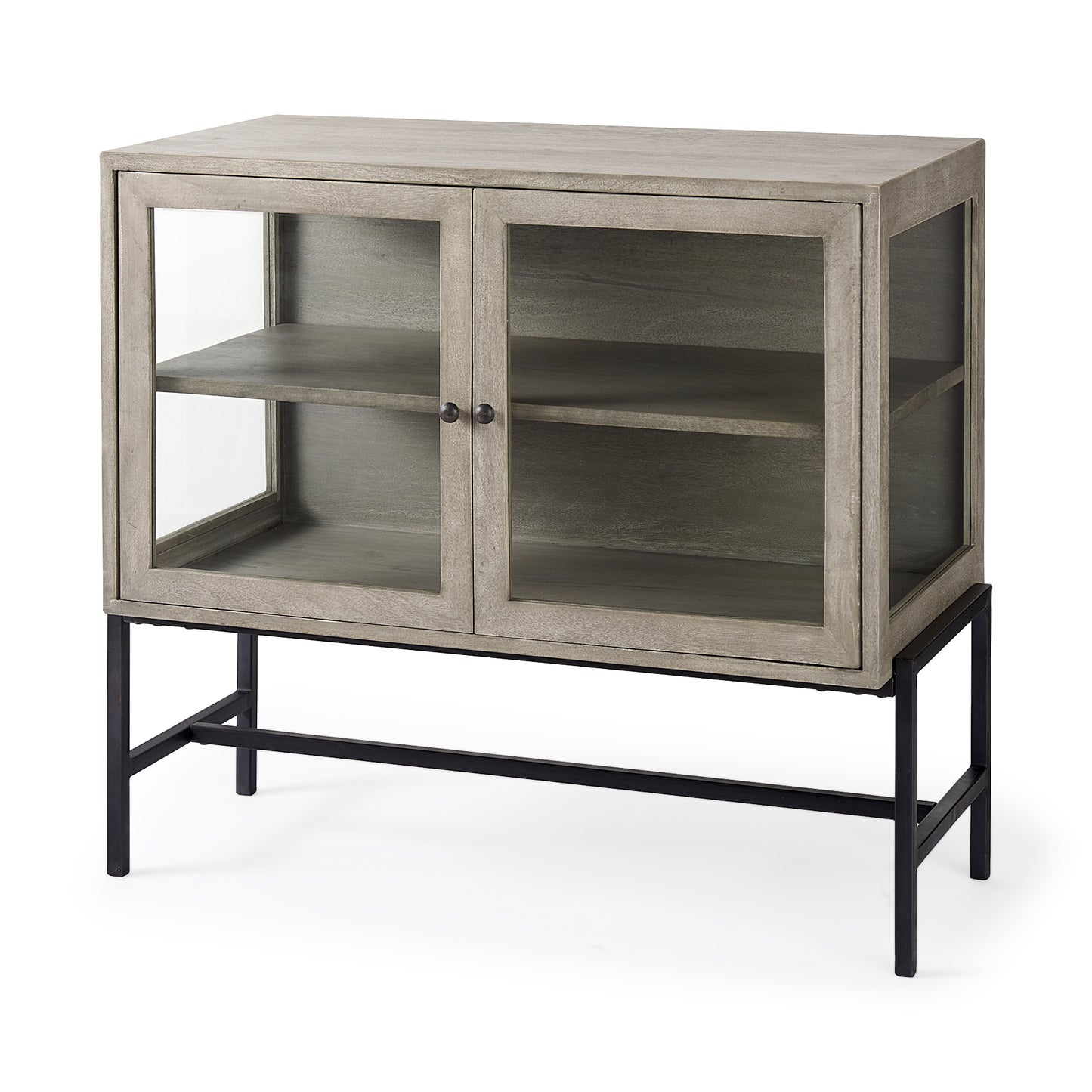 Arelius Medium Brown Wood Accent Cabinet – Glass Doors & Black Metal Base
