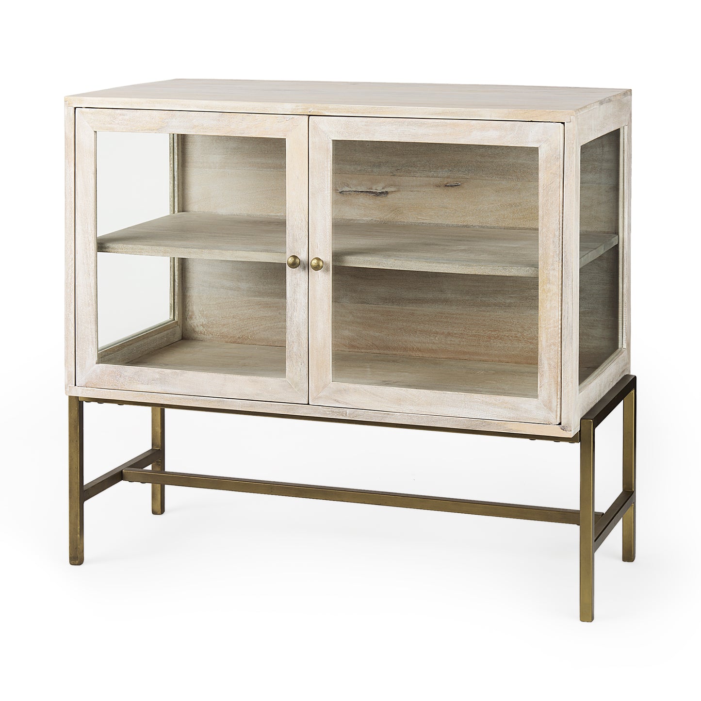 Arelius Medium Brown Wood Accent Cabinet – Glass Doors & Black Metal Base