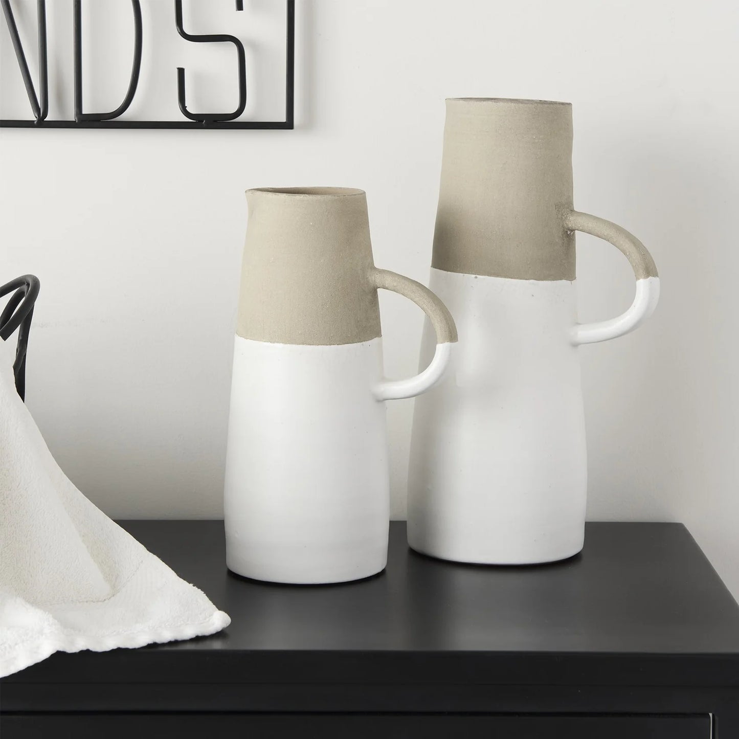 Garand Small 13H Charming Two-Toned Ceramic Jug with Elegant Handle for Stylish Home Decor - White, Natural