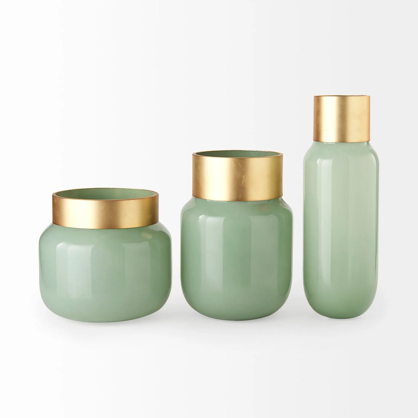 Minty Medium Mint Green Glass Vase with Elegant Matte Gold Metal Neck Cuff - Stylish Home Decor
