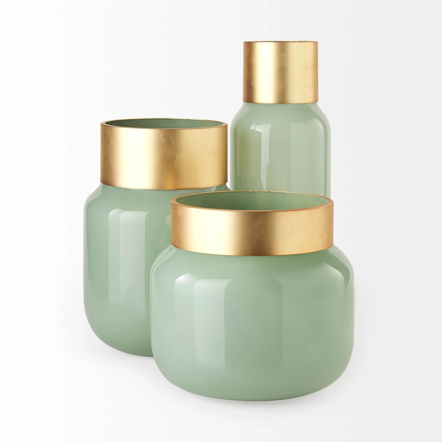 Minty Medium Mint Green Glass Vase with Elegant Matte Gold Metal Neck Cuff - Stylish Home Decor