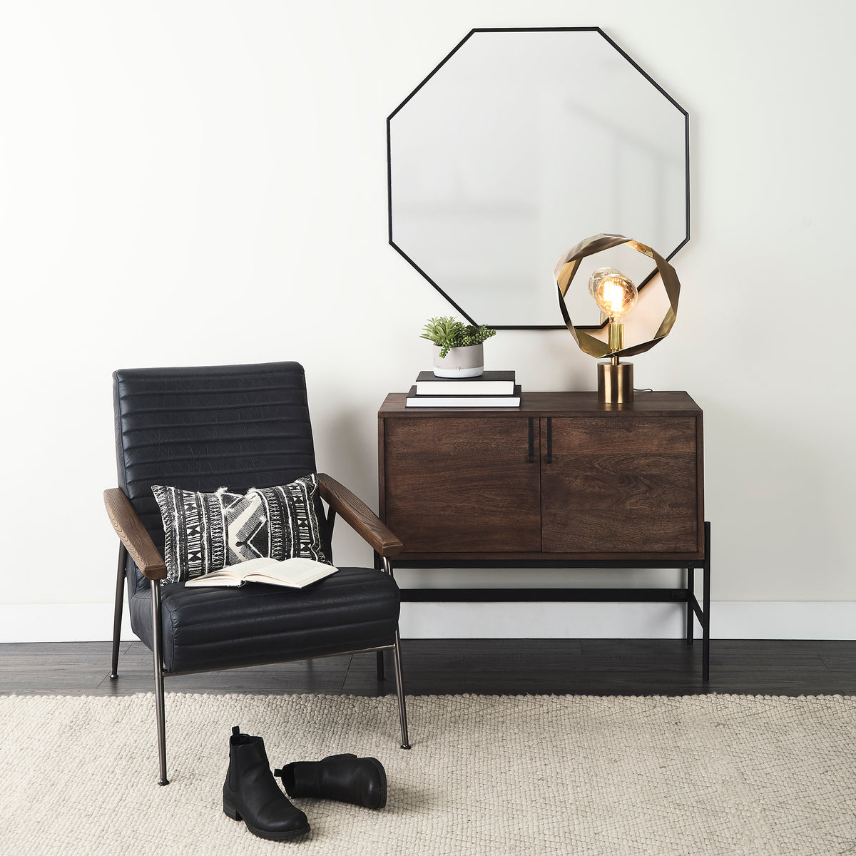 Grosjean Black Leather Wrap Metal Frame Accent Chair