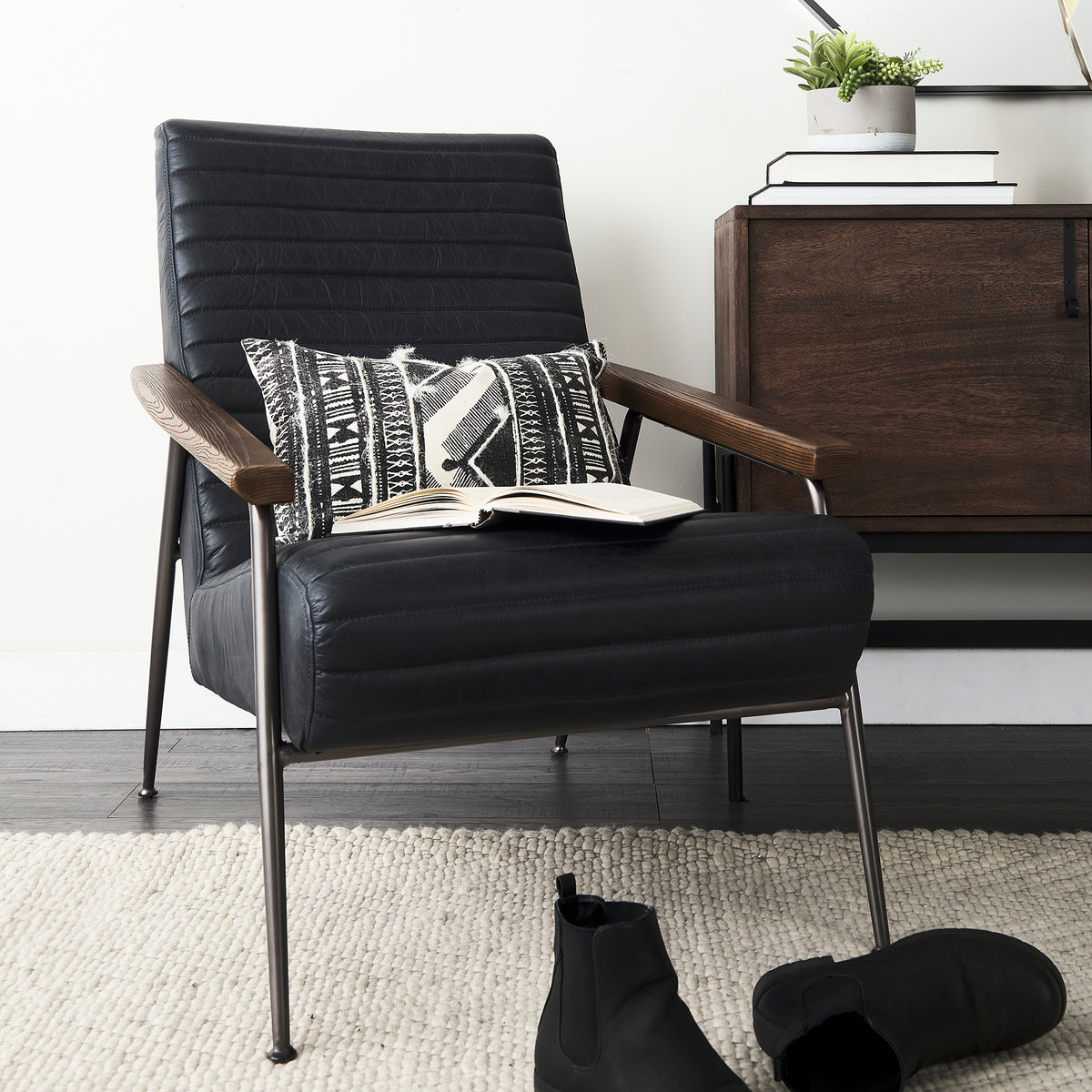 Grosjean Black Leather Wrap Metal Frame Accent Chair
