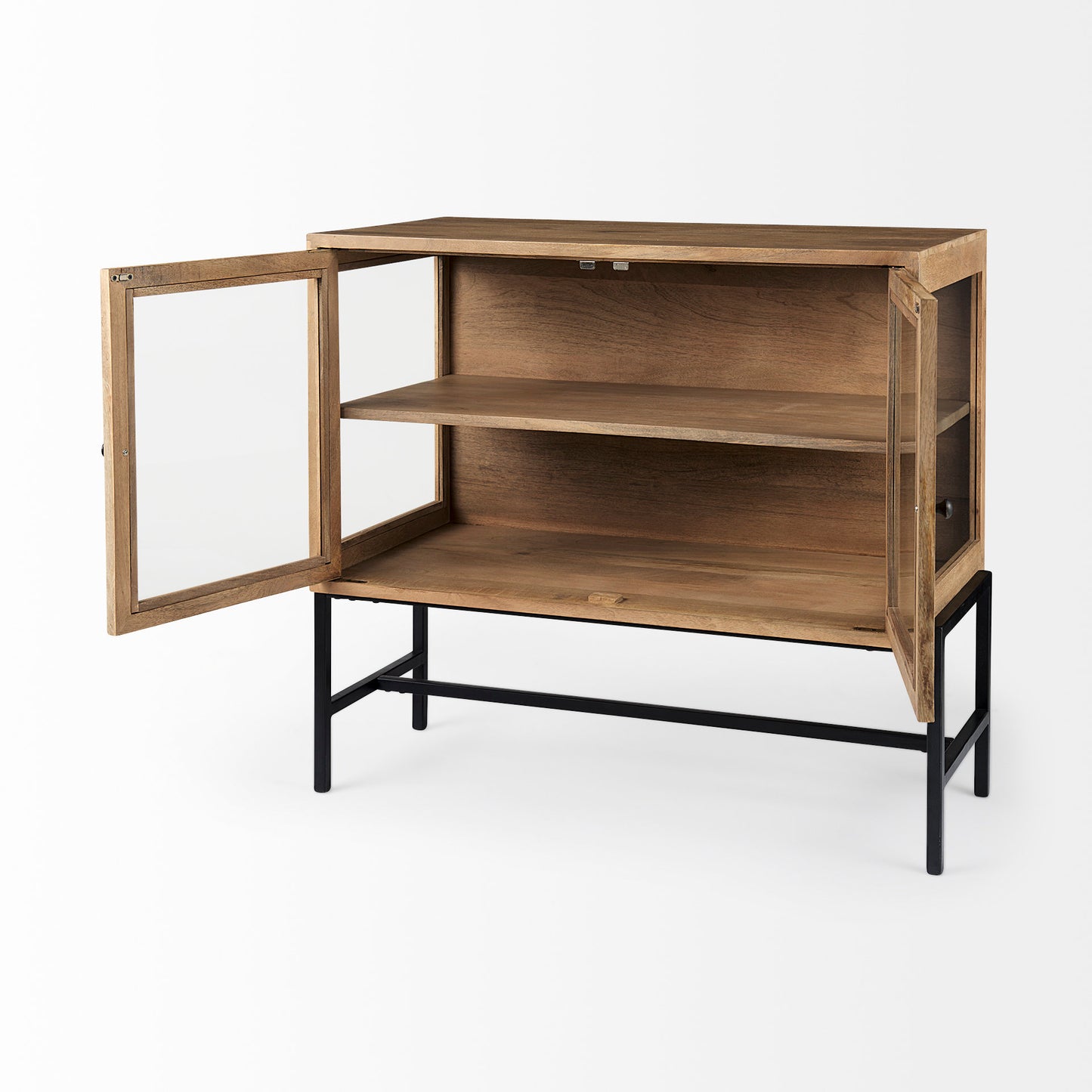 Arelius Medium Brown Wood Accent Cabinet – Glass Doors & Black Metal Base