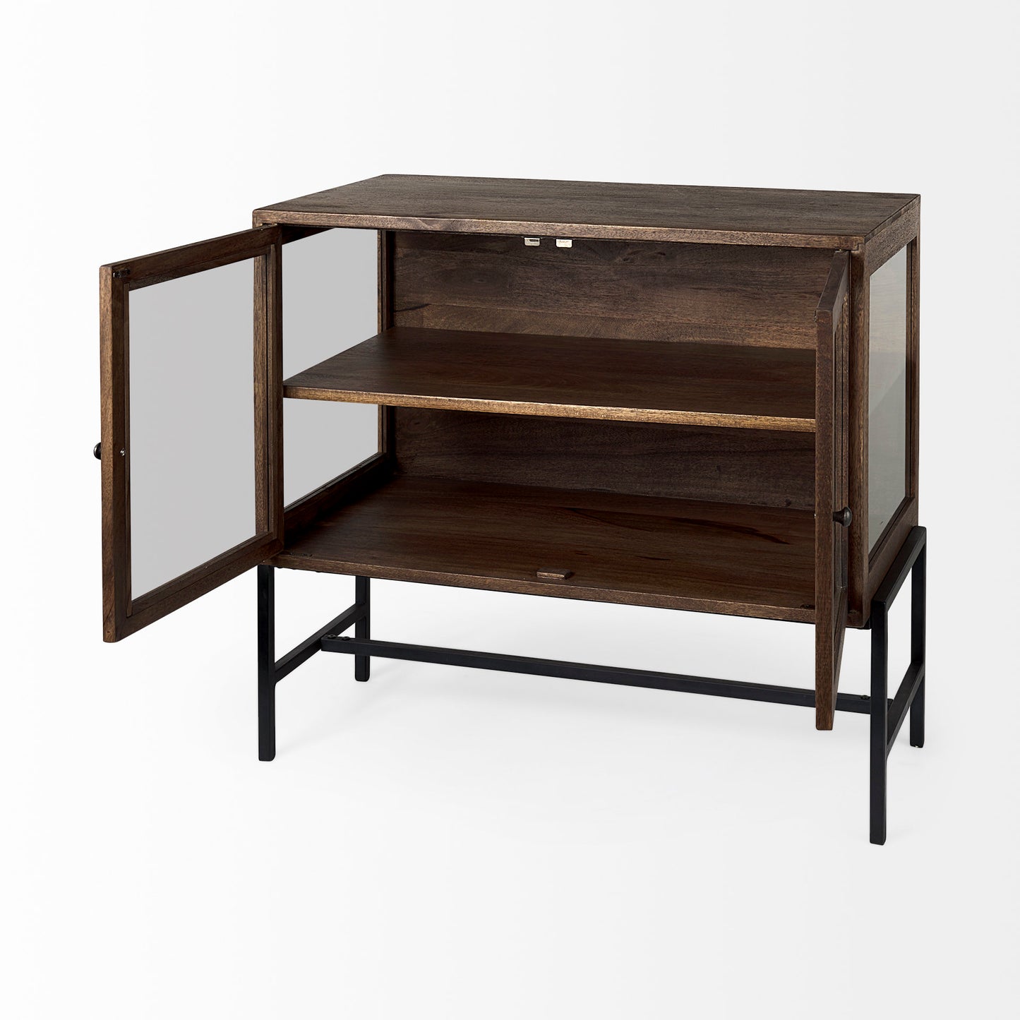Arelius Medium Brown Wood Accent Cabinet – Glass Doors & Black Metal Base